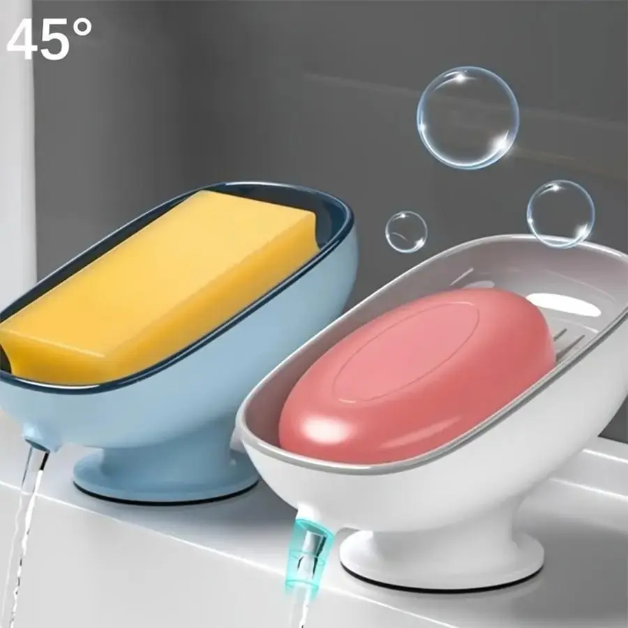 No Punch Suction Soap Box, 2-in-1 Drainage Countertop Organizer for Bathroom & Kitchen, Holds Round, Square & Large Soaps, Self-Draining Caddy for Sponges & Brushes