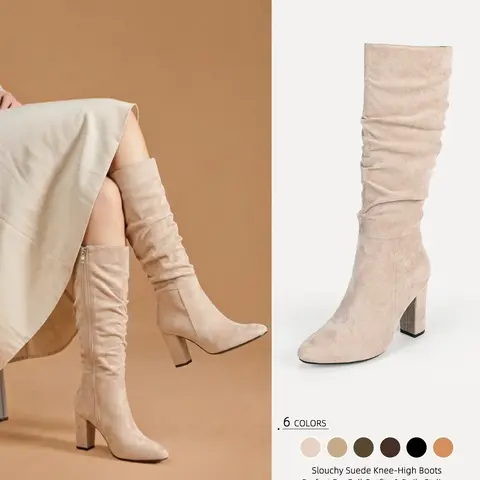 Women's ruched slouchy knee-high block heel boots, Block Heels Boots, multiple colors, Faux suede pointed-toe boots with side zipper for fall winter, Comfortable heel, great for commutes, dates & parties, Matches skirts and jeans, trendy laid-back style