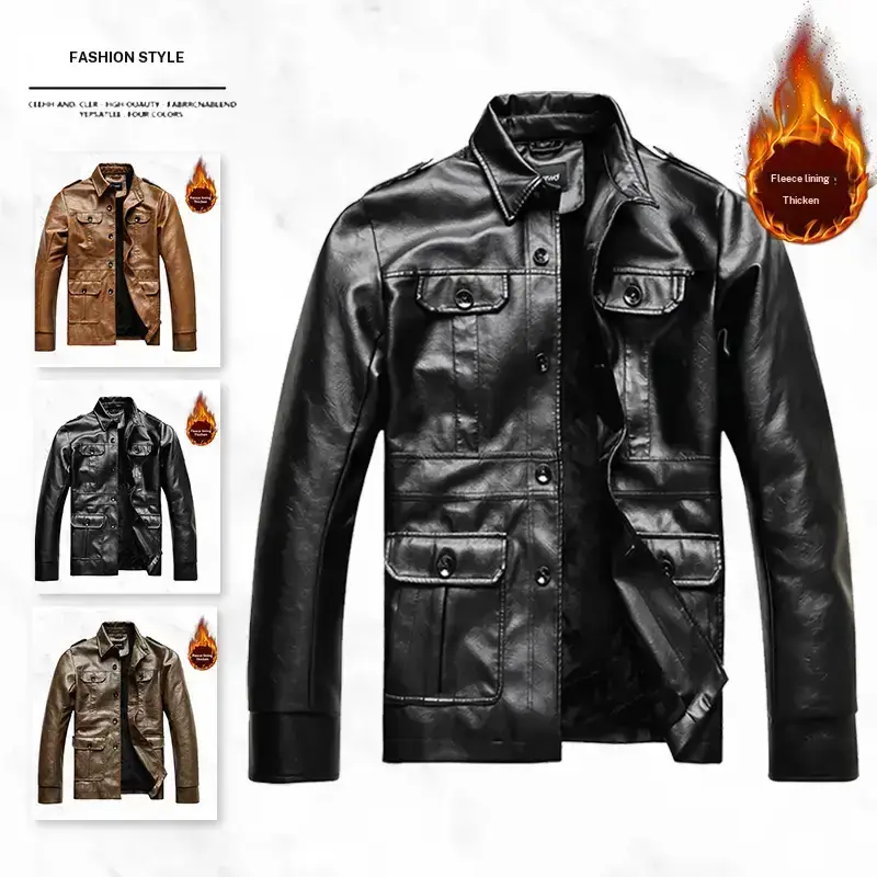 Men's Motorcycle Style Leather Jacket Fleece Lined for Extra Warmth Trendy Stylish Versatile Outerwear in Black Earth Yellow Multiple Colors genuine leather barn jacket outfit men jacket short winter coat outdoor clothing windbreaker fit autumn and sum su