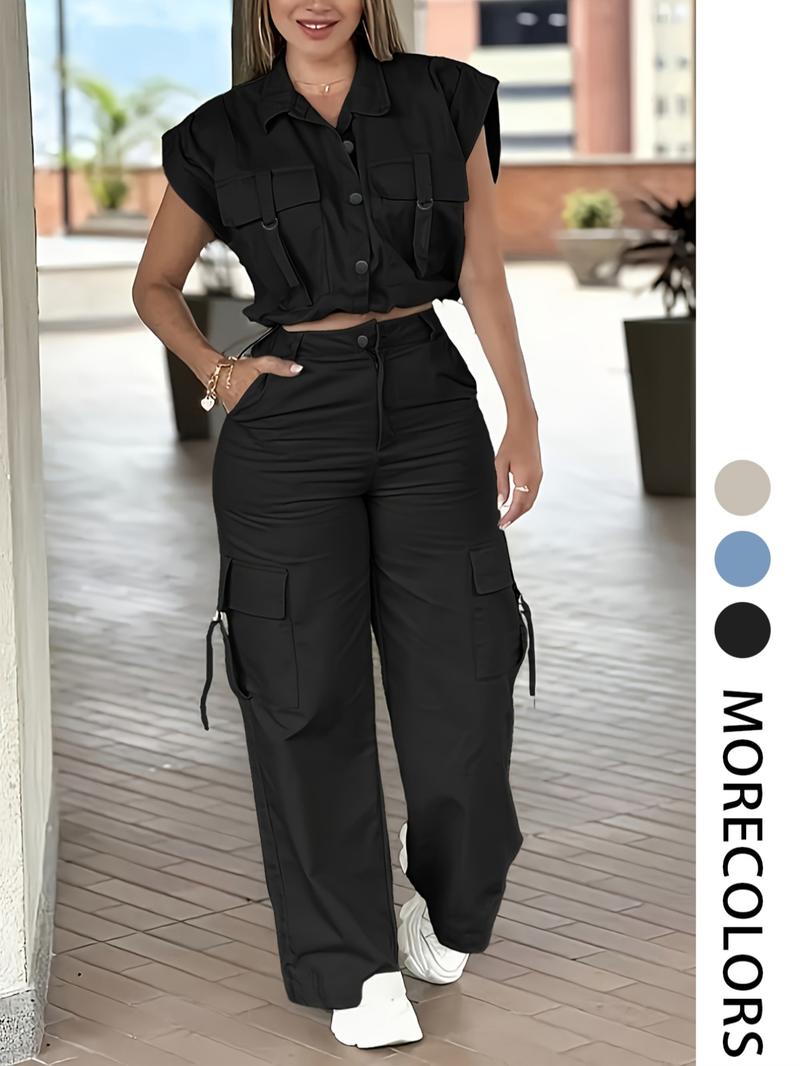 Women's Solid Button Front Tank Top & Cargo Pants, Casual Fashion Cozy Two-piece Set for Daily Outdoor Wear, Ladies Clothes for Summer Women's Solid Button Front Tank Top & Cargo Pants, Casual Fashion Cozy Two-piece Set for Daily Outdoor Wear, Ladies Clothes for Summer