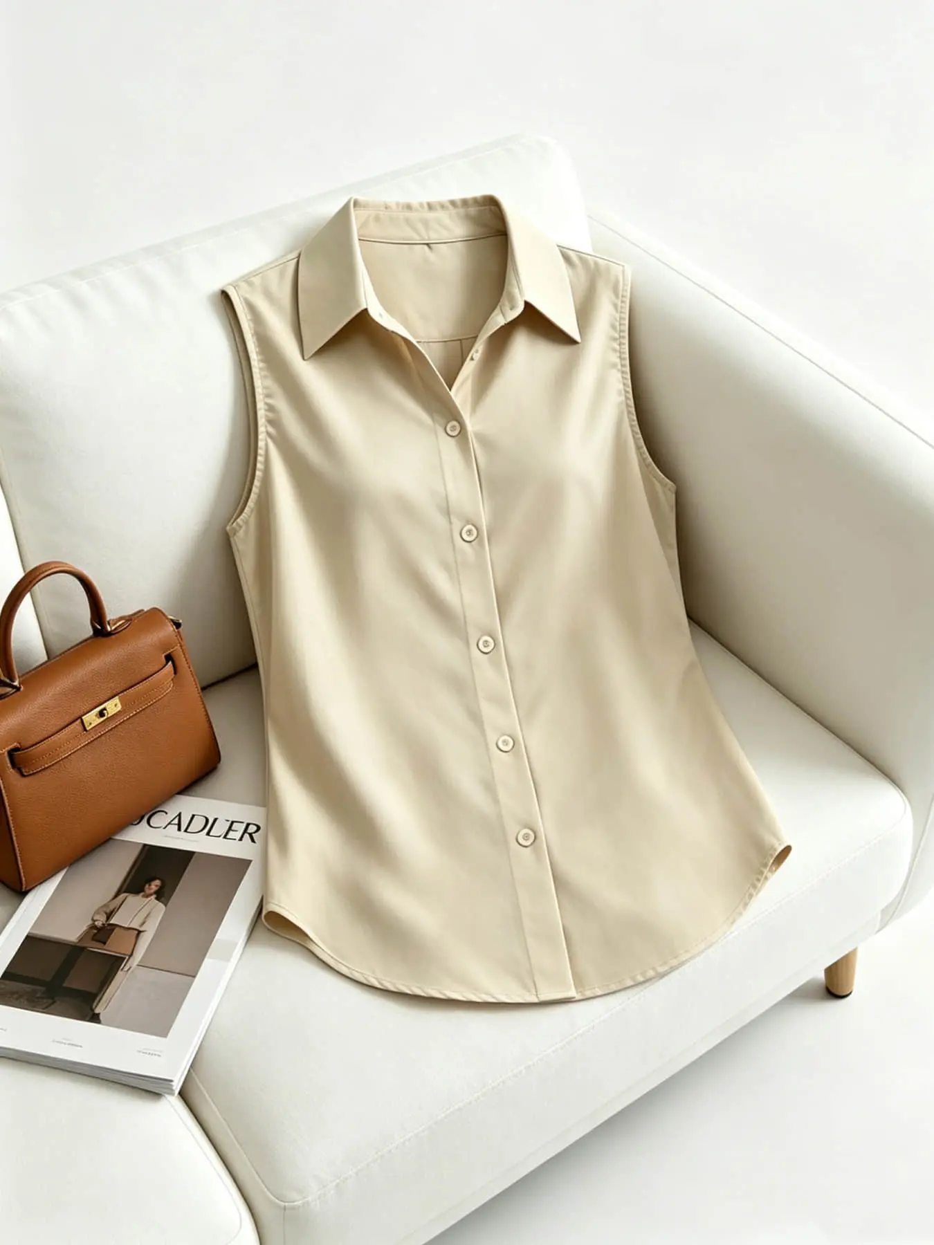 A fashionable Minimalist casual comfy classy women's collared sleeveless blouse shirt with a single breasted hanging top for casual commuting, suitable for summer office commuting, outdoor picnicking, vacation travel