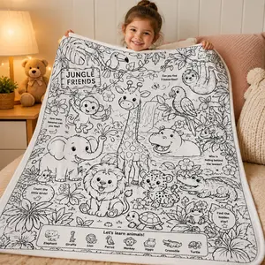 Coloring Educational Blanket, Jungle Friends Tropical Animal Theme, Soft Flannel Washable, Interactive Learning Toy