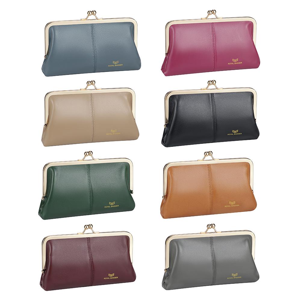Royal Bagger RFID Genuine Leather Wallet for Women, Kiss Lock Clutch with Multi-Card Slots, Vintage Card Holder Purse 2468