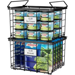 Freezer Baskets for Chest Freezer - for 3.5 Cu.Ft Deep Freezer, 2 Pack Stackable Freezer Organizer Bins with Label Plates & Folding Handles, Heavy Duty Metal Storage, Assembly Required, Black