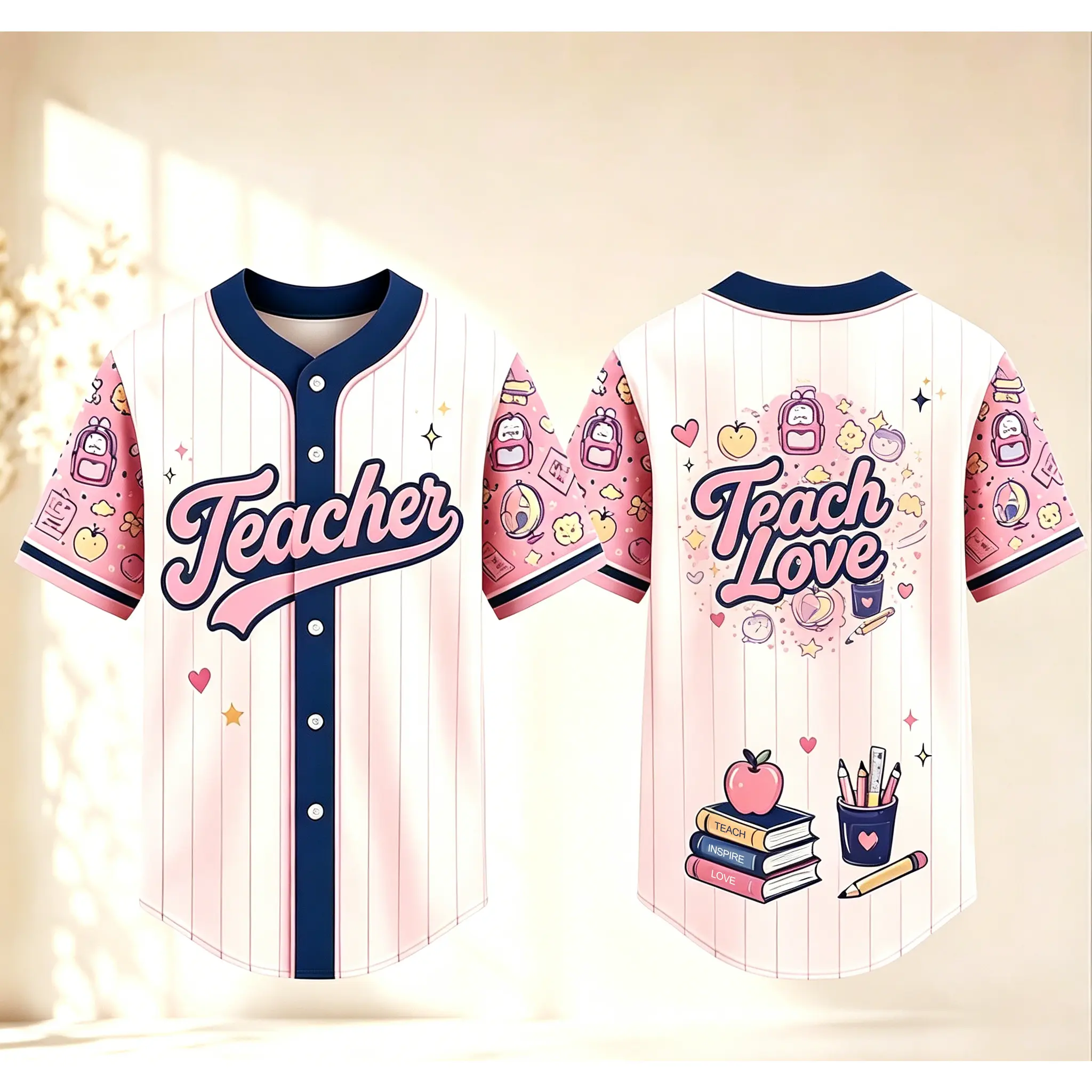 White Pink Pinstripe Teacher Baseball Jersey, Front Back Stationery Heart Star Print Navy Trim Short Sleeve Button Up Uniform, Casual Back To School Apparel For Adult Educators # TikTokMadeMeBuyIt # TikTokShop # TeacherGift # TeacherJersey # BackToSchool