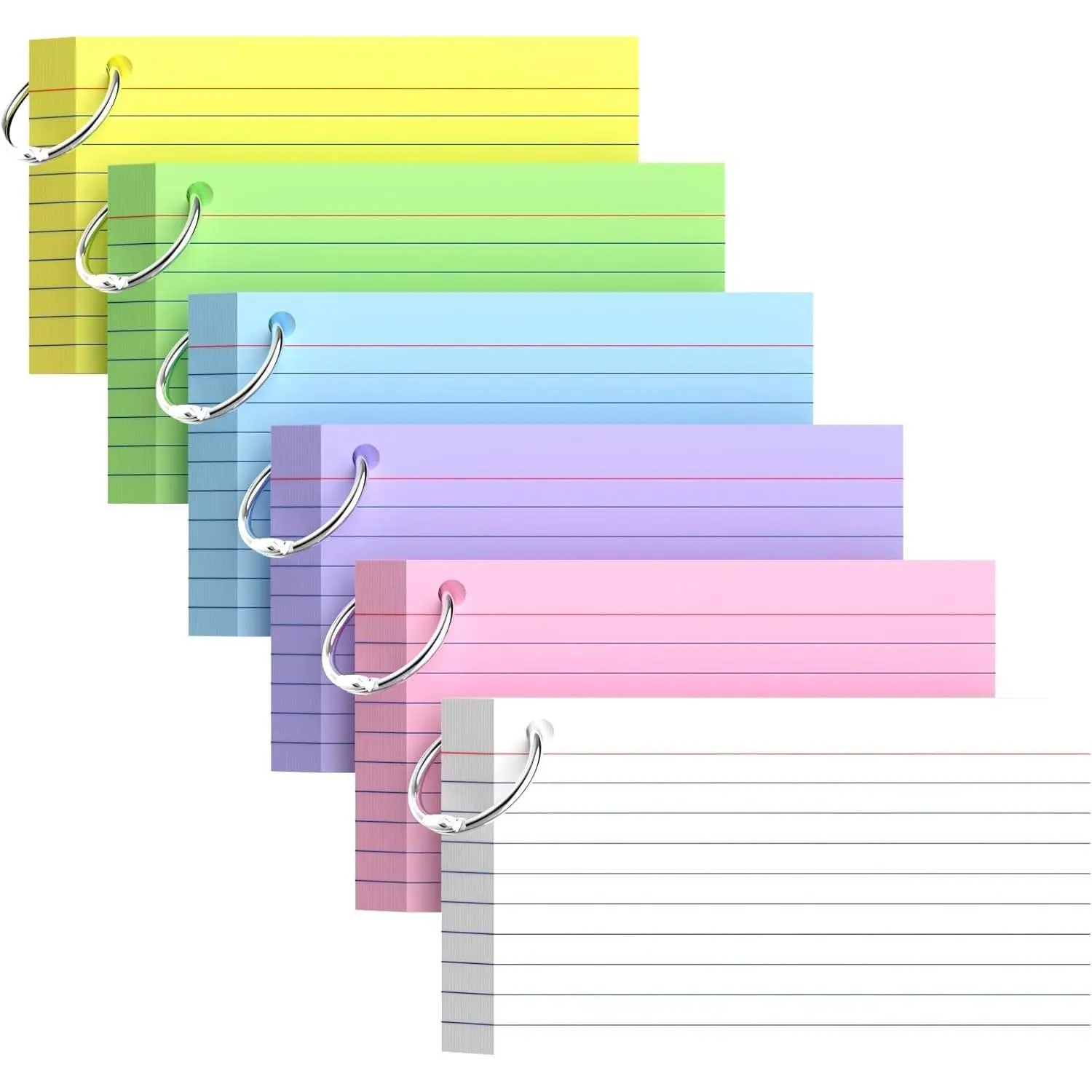 Colored Index Cards 3x5, 300 Pcs with Rings, 6 Colors Lined Note Cards, 50 Sheets Each Pack, Heavy Bright Flash Cards for Office, Home, SchoolGift