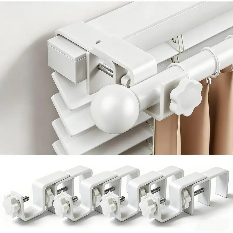 No Drill Curtain Rod Brackets, Over Blind Curtain Rod Holders for Window Blinds, Tool Free Clip On Mount, Renter Friendly Window Hardware