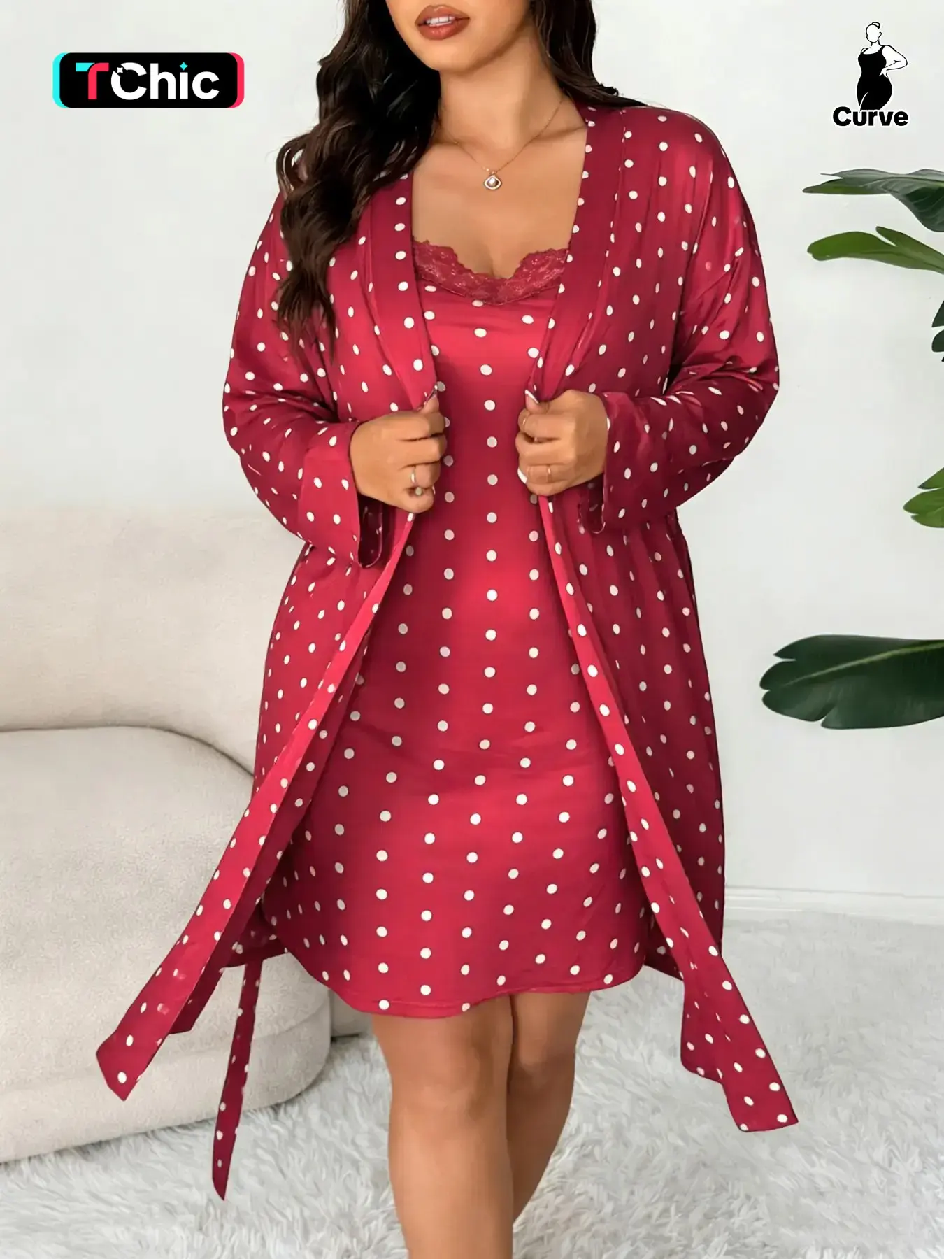 Plus Size Women's Nightwear Set, Floral Print Lace Nightdress + Long Sleeve Long Robe, Comfortable Soft Home Sleepwear, Casual Fitted Style