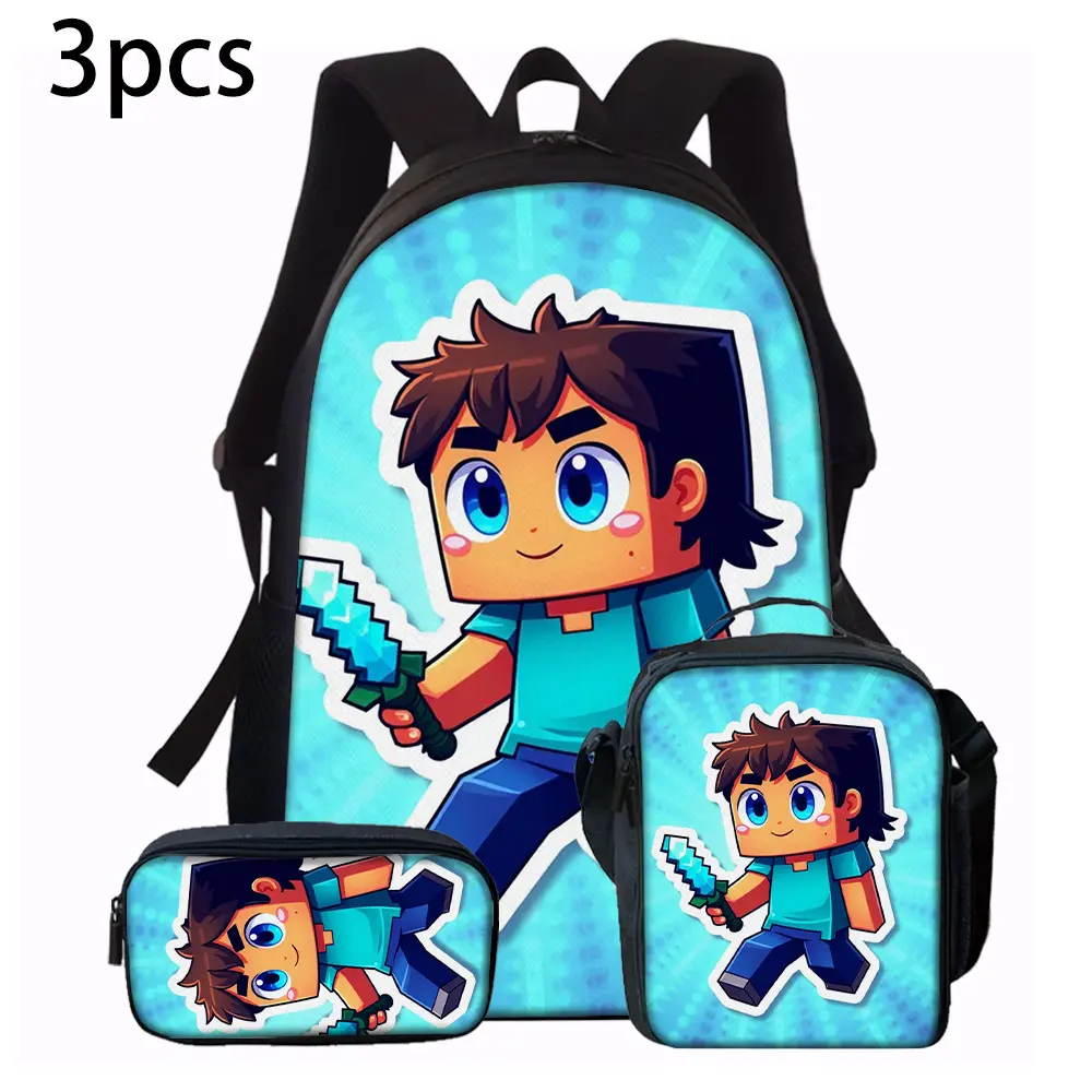 Durable Water Resistant 3-Piece Backpack Set for Kids, Lightweight School Bag with Lunch Box, Light Blue Cartoon Minecraft Steve Diamond Sword Sticker Graphic Print, Spacious 15in Laptop Pocket & Soft Breathable Padded Straps