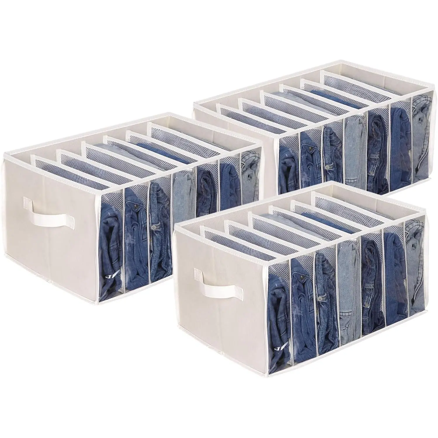Upgraded Wardrobe Clothes Organizer with Support Board Clear Jean Organizers for Closet with 7 Grids Divider Extra Large Sweater Organizer for Closet for Jean Pant Sweaters T-Shirt,3 Pack,Beige