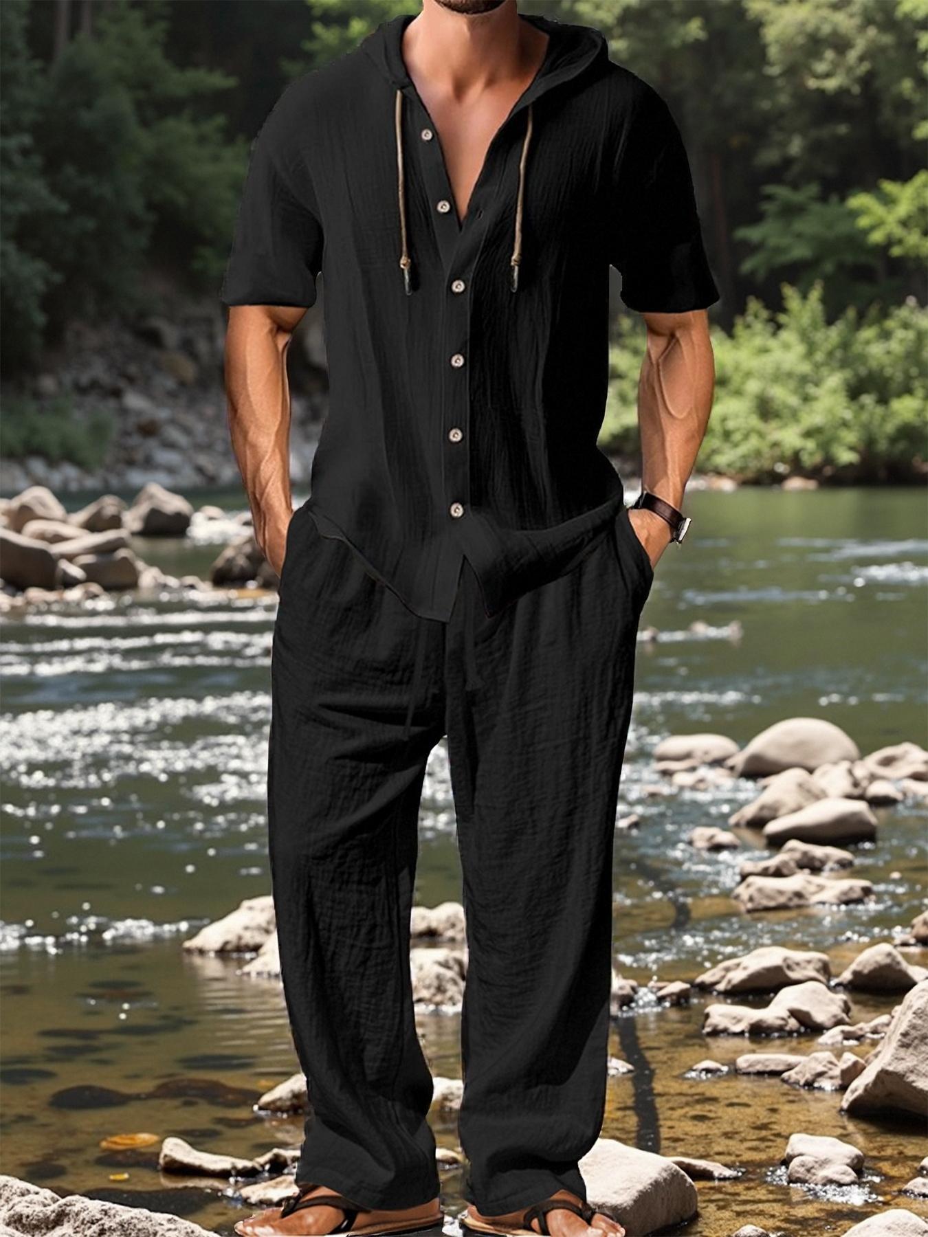 Two-Piece Set Men's Solid Linen Set, Casual Breathable Quick-drying Top & Drawstring Wide-leg Pants Set for Beach Holiday, Men's Clothing for Summer, Menswear