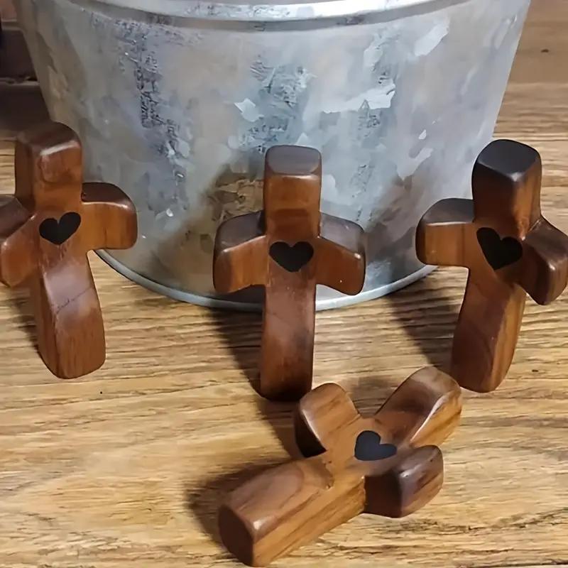 Wooden Cross Charm, 2 Counts/set Heart Pattern Wooden Cross Ornament, Encouragement Gift for Friends, Party Favors for Birthday Wedding, Heart Design Charm