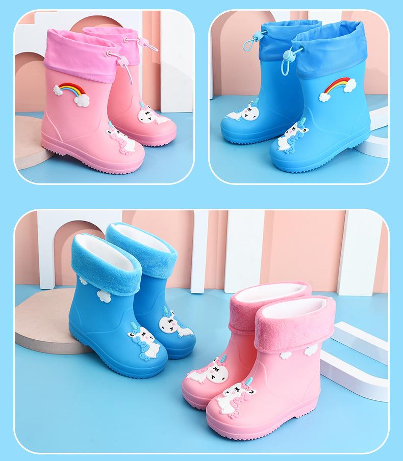 Children's Rain Boots Girls' Elastic Cuff Fleece-Lined Boys' Non-Slip Water Shoes Four Seasons Cartoon Cute Princess Rain Boots Kids' Rain Shoes