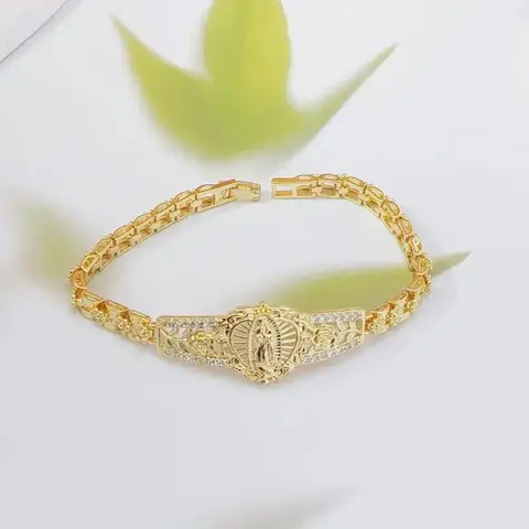 Women's Virgin Mary Gold Crystal Bracelet - Hypoallergenic Non-Tarnish Female Faith Jewelry, Crystal Inlay Filigree Link Chain, Religious Medal Accessory, Summerween Aesthetic Gift,sohochic