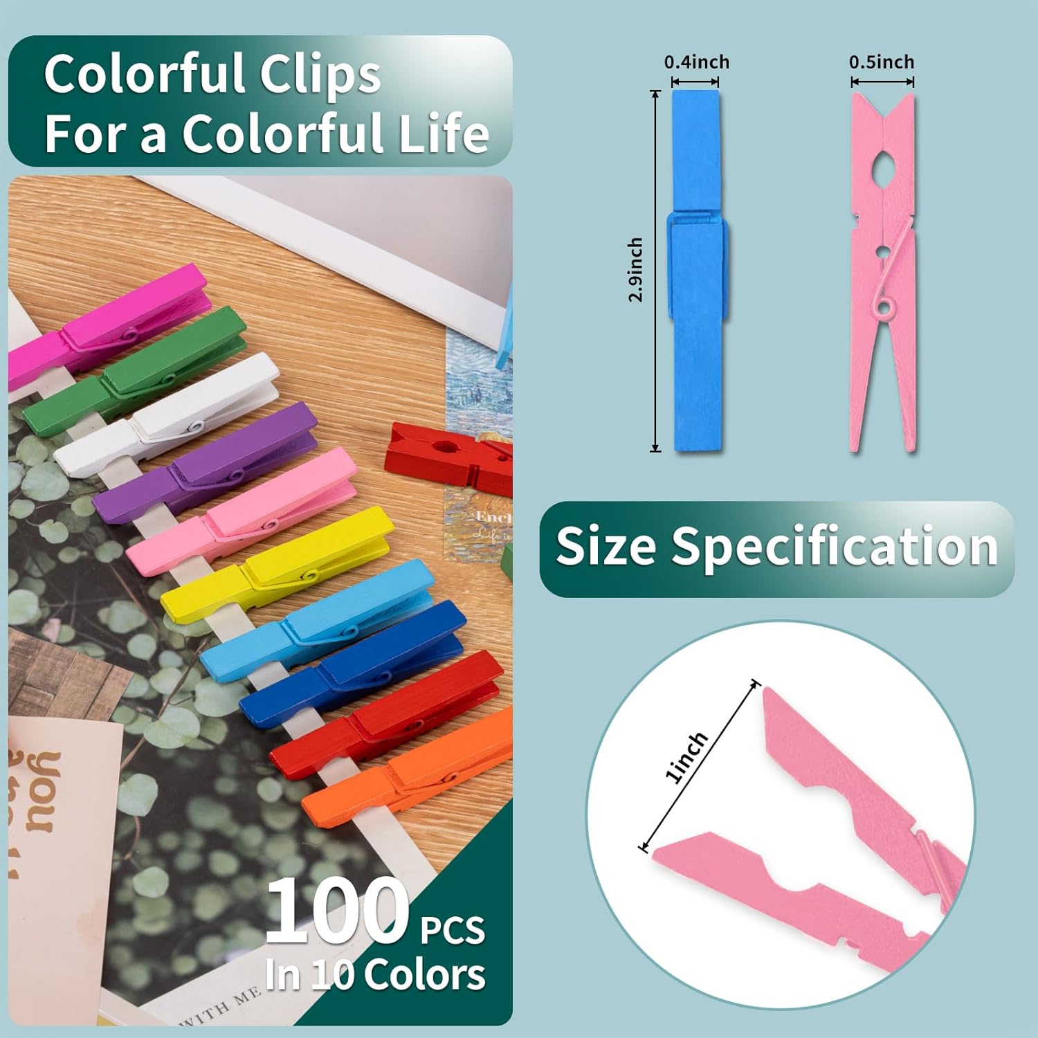 100 count Colored Clothespins Wooden 2.9 Inch Rainbow Color Crafts Decorative Clips for Scrapbooking, Photographs and Hanging Outdoor Clothes, 10 Each of 10 Colors