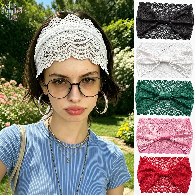 2 Pack Vintage Hollow Lace Wide Headbands, Scalloped Edge Bow Knotted Hair Scarf, Breathable Soft Lace Hair Band, Boho Styling Head Wrap for Summer, Beach, Travel & Daily Outfits