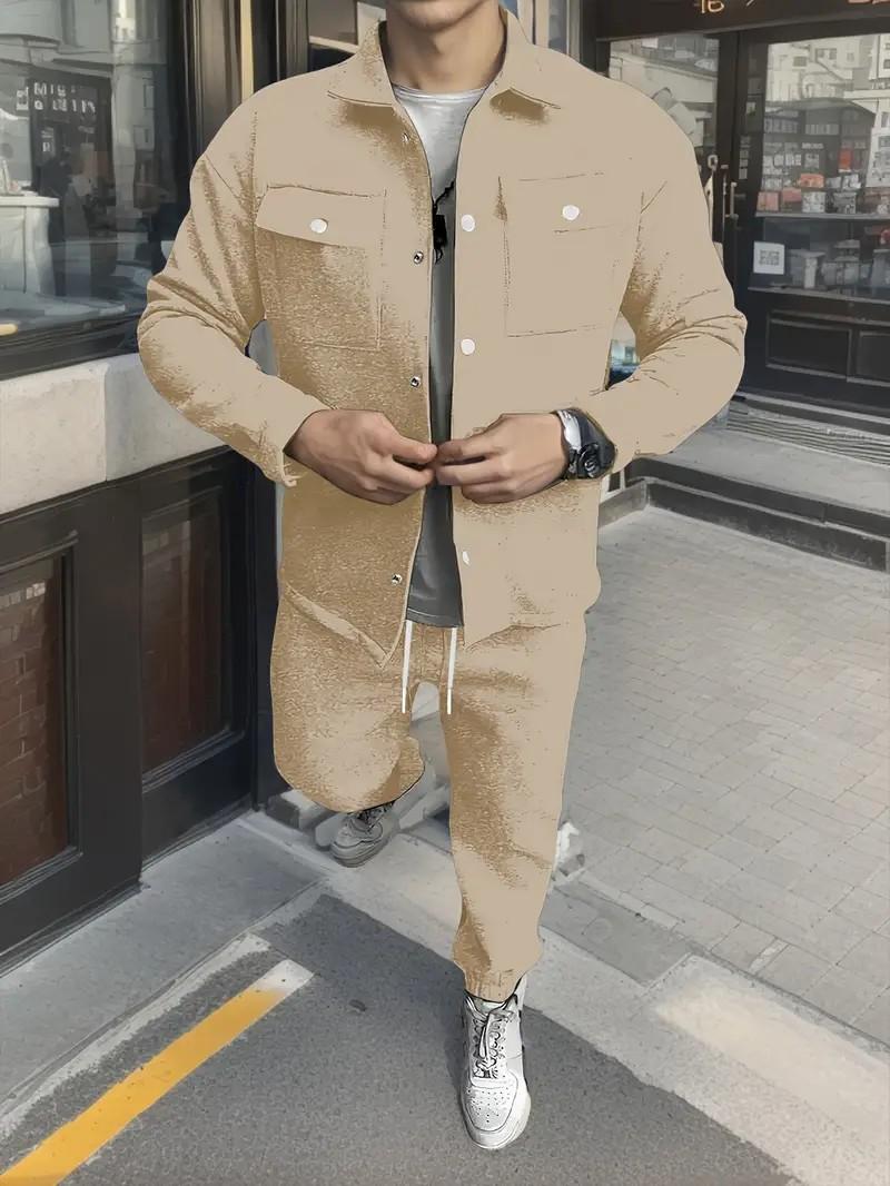 Men's two-piece set men's fashion solid color pocket open button lapel jacket and solid color set formal long sleeved