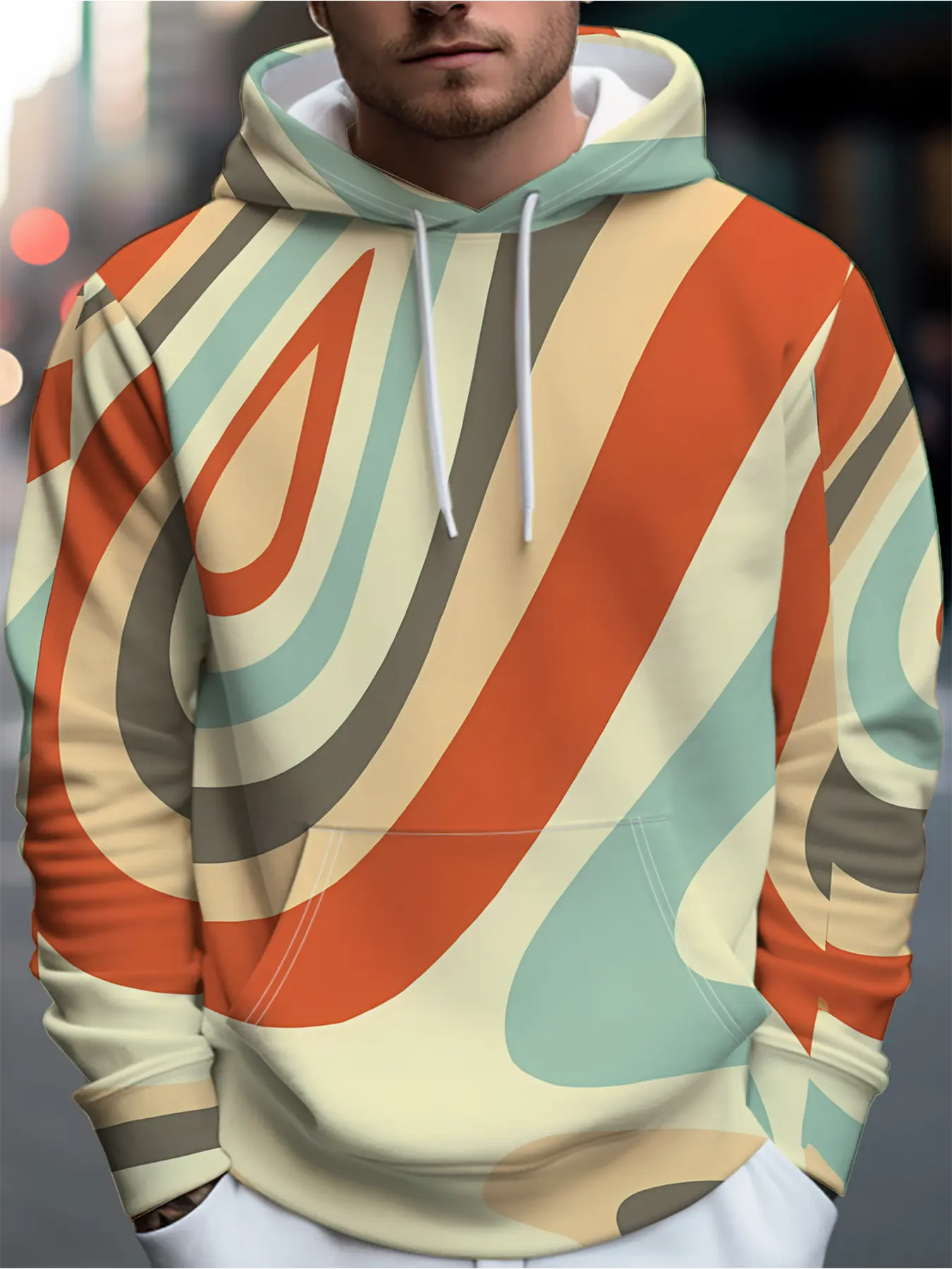 Men'S Fashionable Street Style Hooded Sweatshirt Effortlessly Creates An Appearance With Vibrant Abstract Lines As The Background, Rich Graphic Elements And Artistic Aesthetics. The Drawstring Hood Adds A Casual Style