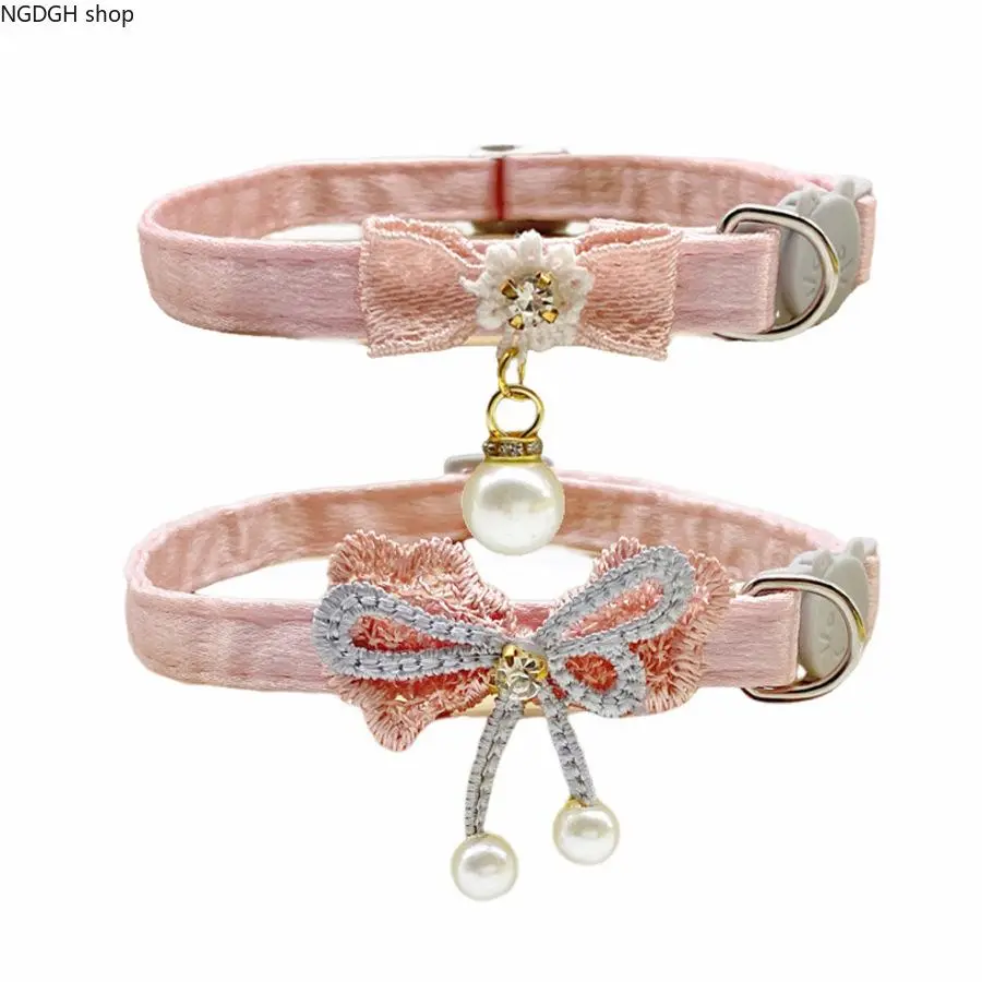 Pink Velvet Cat Collar with Beaded Bow and Pearl Charm, Luxury Kitten Necklace with Bell, Adjustable for Daily Wear, Luxury Look
