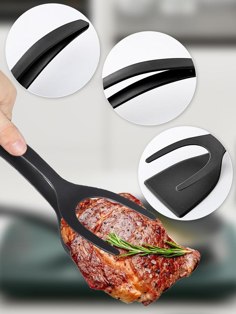 2-in-1 Silicone Shovel & Tweezers Tongs - Black Egg Flipper Pancake Steak Turner Omelet Maker Spatula Fish French Toast Tongs for Home Kitchen Cooking Tools Utensils