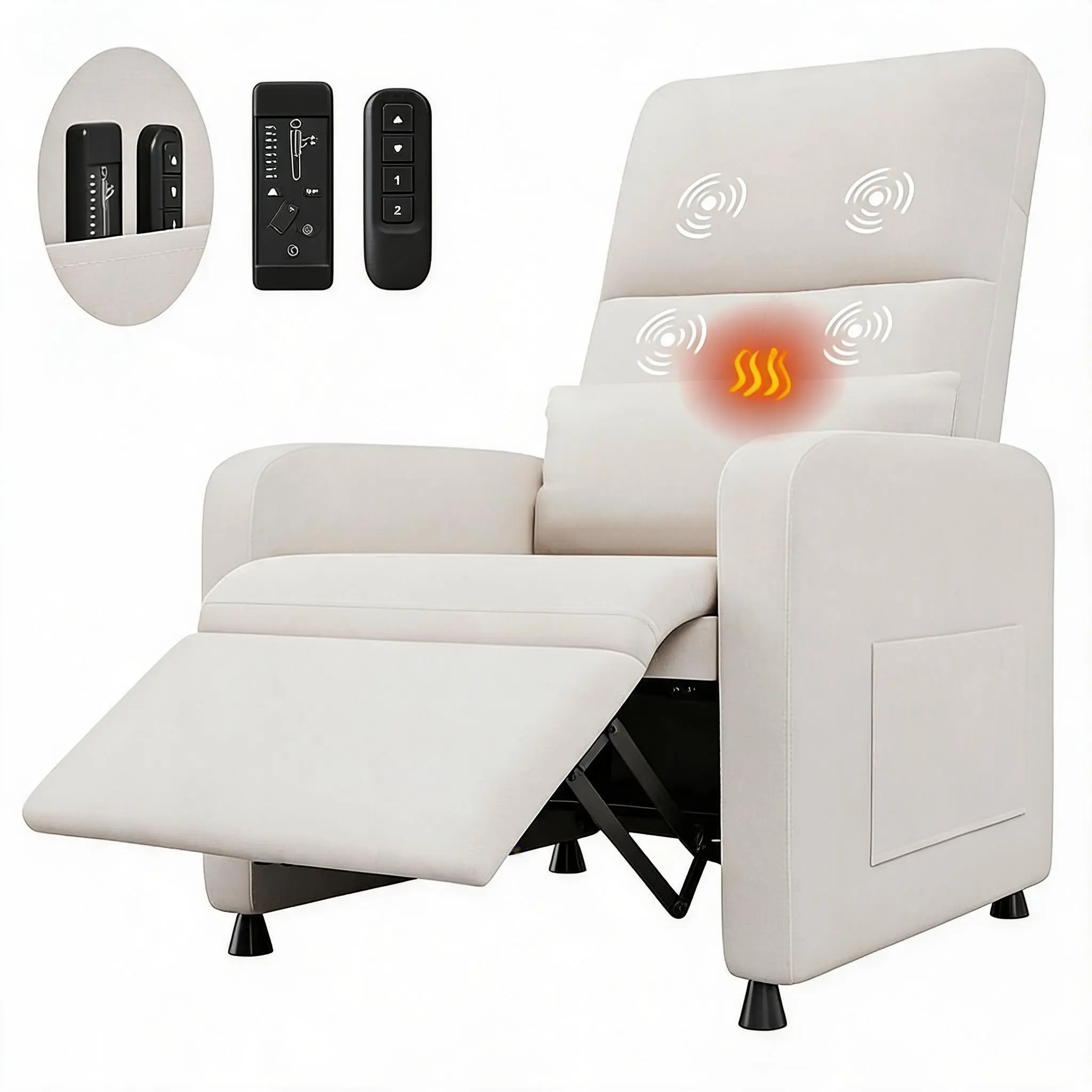 Single Seat Electric Power Lift Recliner Chair - High Back Chair with Lumbar Shape Support, Heat & Massage, USB Port, Side Pockets, Padded Footrest for Living Room, Bedroom