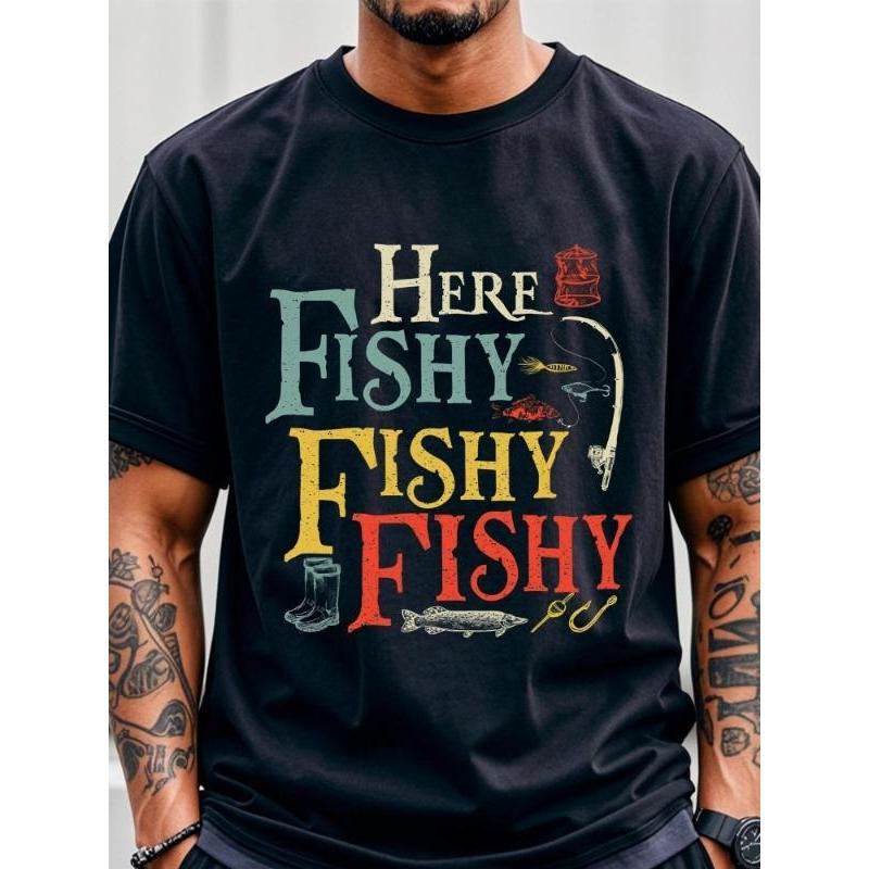 Men's "Here Fishy Fishy" Graphic T-Shirt - Breathable Quick-Dry Crew Neck Tee with Colorful Fishing Design, Lightweight 180gsm All-Season Casual Shirt for Outdoor Enthusiasts, Fishing Gear Menswear Top