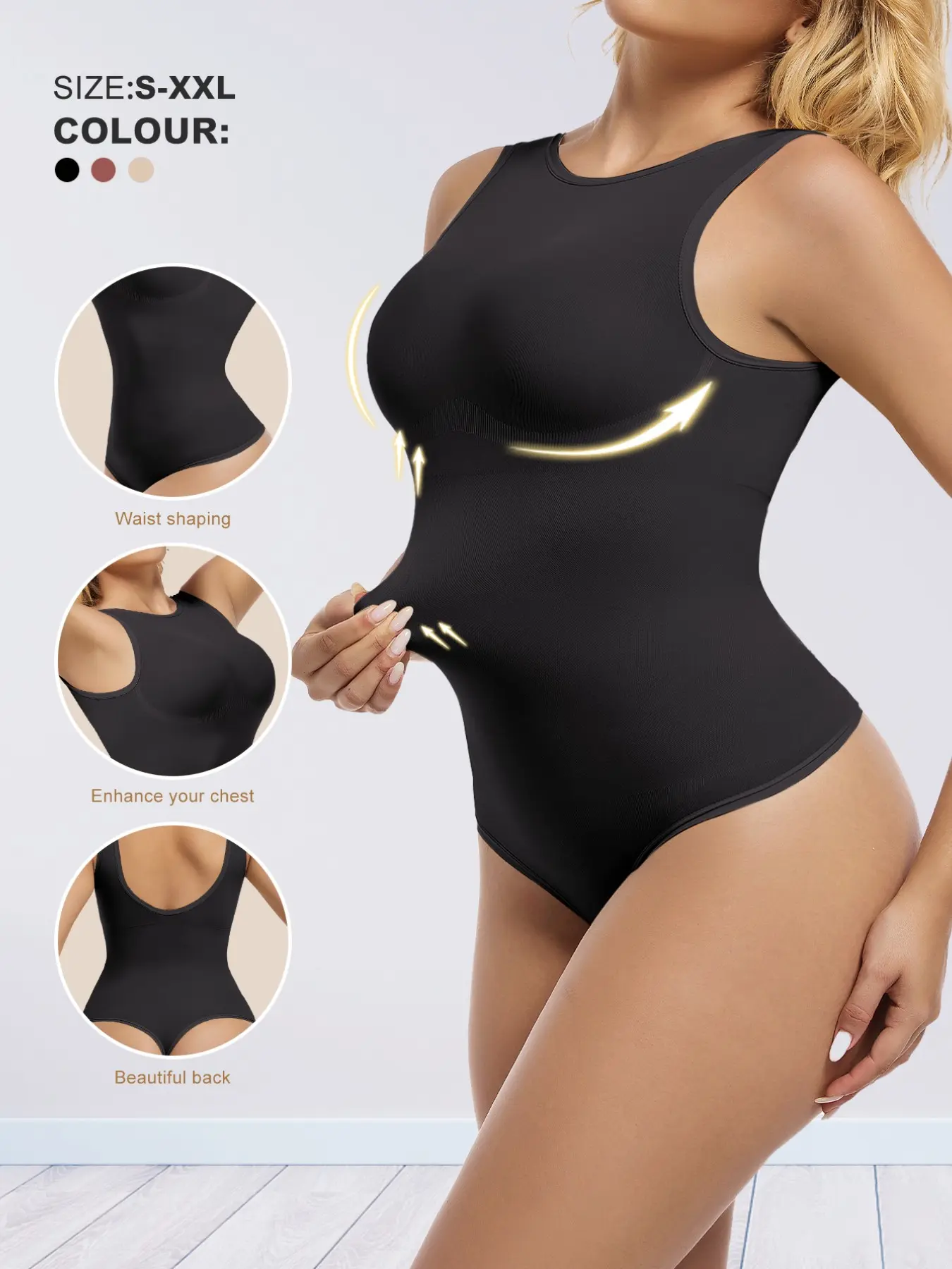 High Neck Sleeveless Ribbed Fashion Shapewear Bodysuit, Tummy Control Waist Shaping, Chest Enhancer, Seamless Compression, Slimming Hourglass Figure