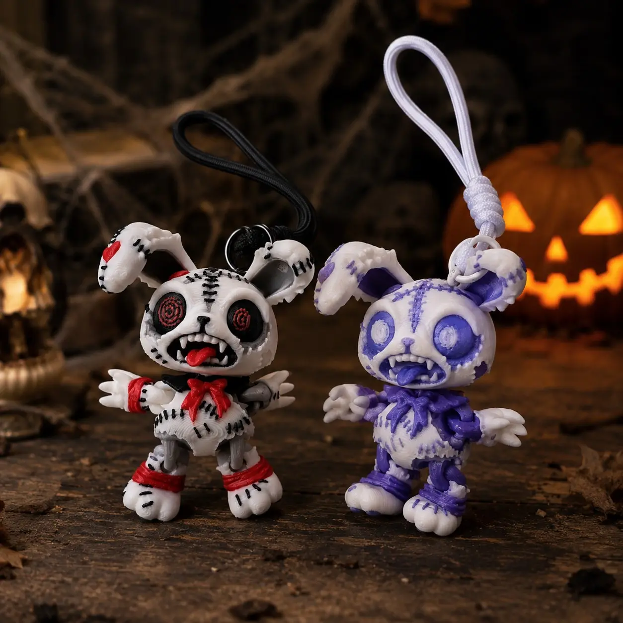 2PCS Gothic Bunny Keychains, Spooky Posable Rabbit Figurines with Flexible Joints, Halloween Backpack Charms, Sitting & Standing Doll Accessories for Bags, Collectibles & Gifts