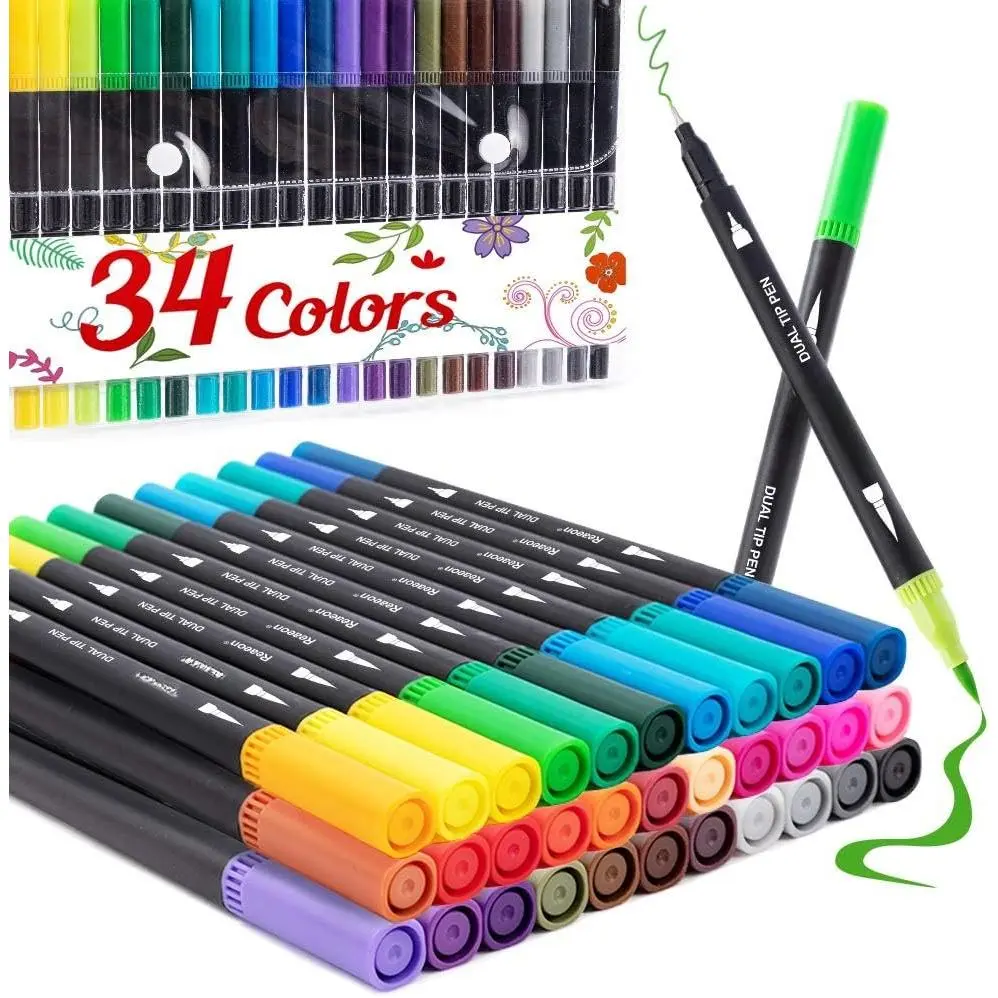 Coloring Markers Pen,  Brush Tip Marker for Adult Coloring, 34 Color Calligraphy Brush Fine Tip Pen for Beginner Journal Planner, Drawing, Doodle