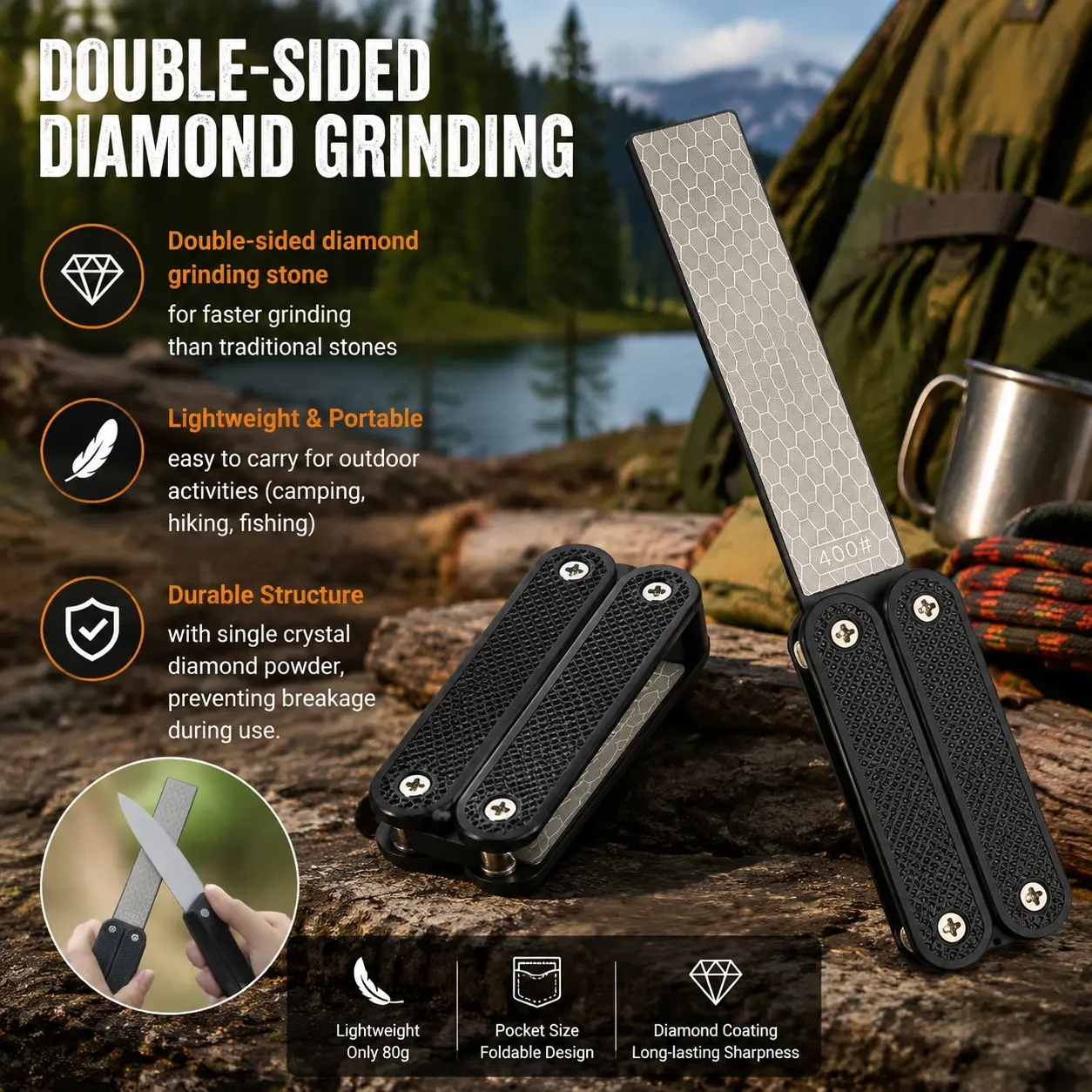 Portable Folding Double-Sided Diamond Sharpener 400/600 Grit Knife Sharpener Outdoor Anti-Slip Grip Pocket Tool EVA Shockproof Case Camping Sharpening Rod Woodworking Metal Polishing Stone Diamond Sharpening Kit Accessories, Precision Camping Tool
