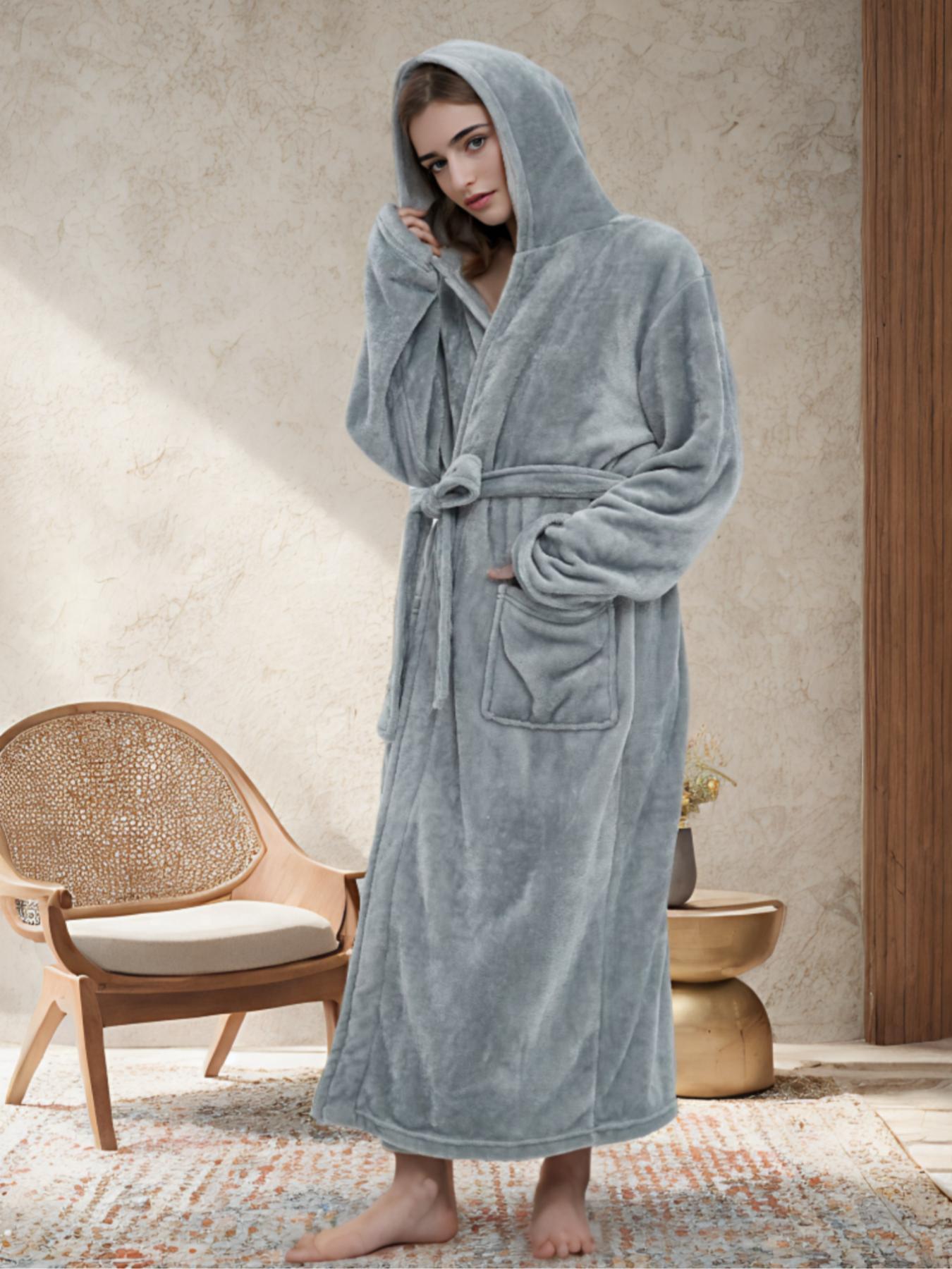 Womenswear Solid Belted Drop Shoulder Hooded Flannel Robe, Fall Wear, Fallfreshness Minimalist Casual Long Sleeve Pocket Wrap Robe for Women, Hooded Robe, Casual Robe, Women's Sleepwear for Winter