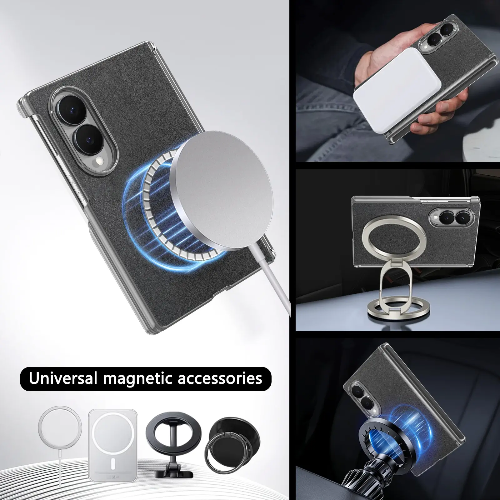 360 Degree Rotating Ring Stand Foldable Phone Case,  Mag-Safe Wireless Charging, Anti-Drop Leather Texture, Compatible with Samsung, Huawei, Honor, Vivo, OPPO