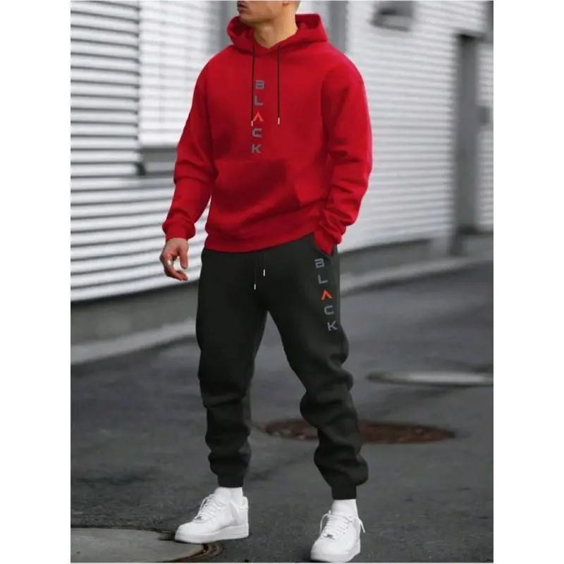 Men's letter printed zipper hoodie and sweatpants set, regular fit, casual long sleeved hoodie, wool sweater and jogging pants, men's autumn and winter two-piece set