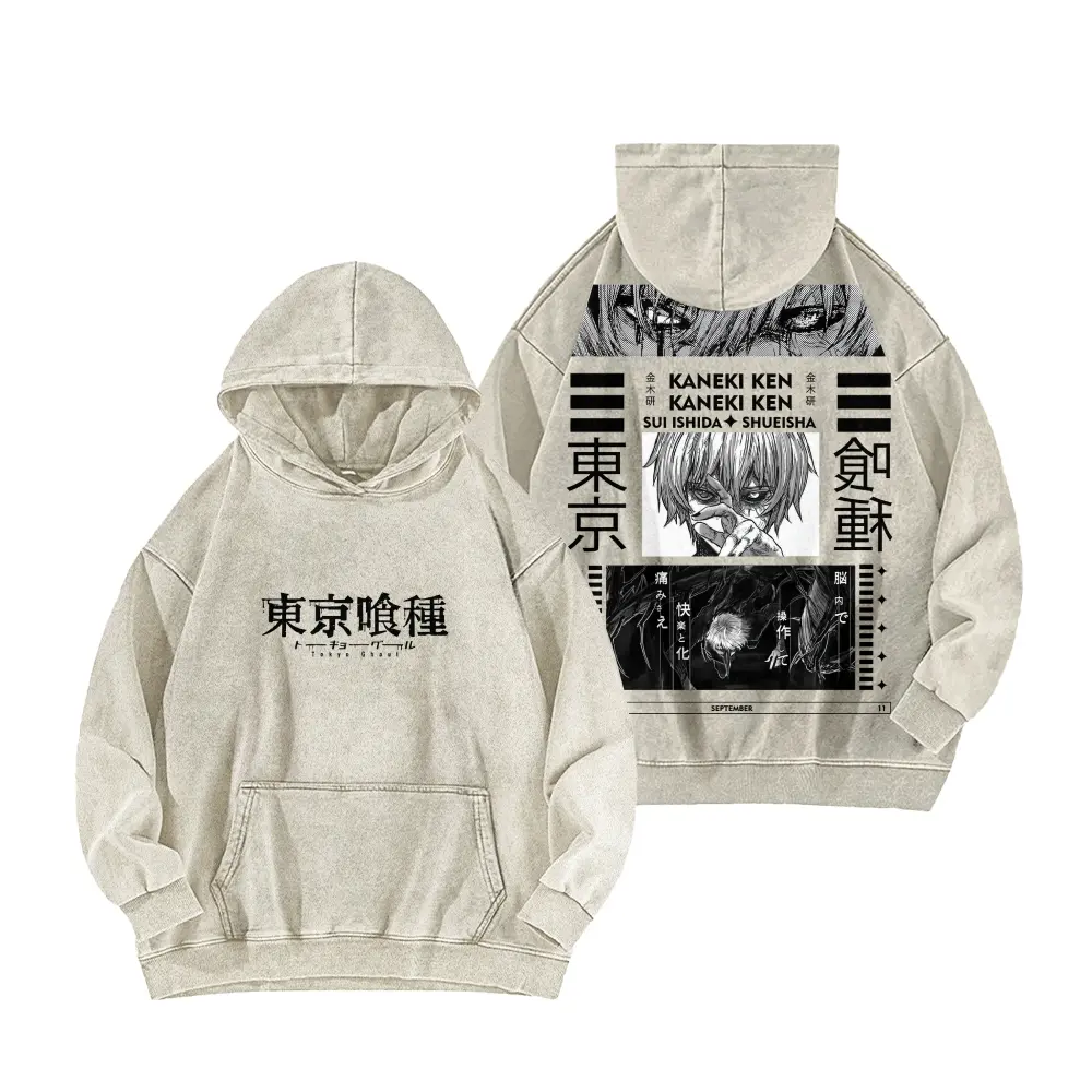 Unisex Vintage Washed Pullover Hoodie, Japanese Dark Horror Manga Character Front & Back Double‑Sided Graphic Hooded Sweatshirt, Oversized Retro Streetwear Fleece Top with Kangaroo Pocket, Multiple Colors Available