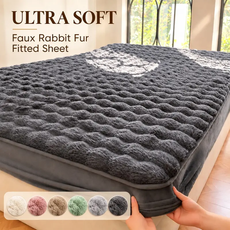 Luxury Faux Rabbit Fur Fitted Sheet, Ultra Soft Fluffy Plush Warm Solid Color Bedding with Elastic Snug Fit, Cozy All-Season Machine Washable Mattress Cover for Bedroom, College Dorm, Apartment, Hotel and Guest Room, Available in Multiple Sizes