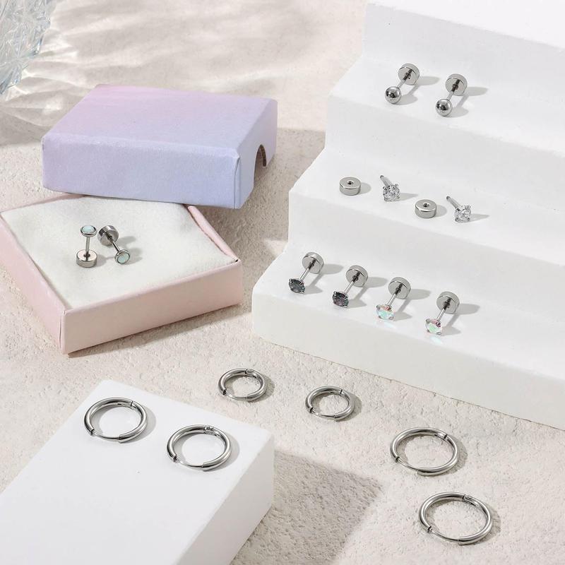 Trendy 8 Pairs Simple Classic Stud Hoop Earrings Mysterious Surgical Steel Earrings for Sensitive Ears Hypoallergenic for Women Men Charming Small CZ Flat Back Cartilage Earrings Set Unique Design Show An Unrestrained Attitude Simple Smooth Surface