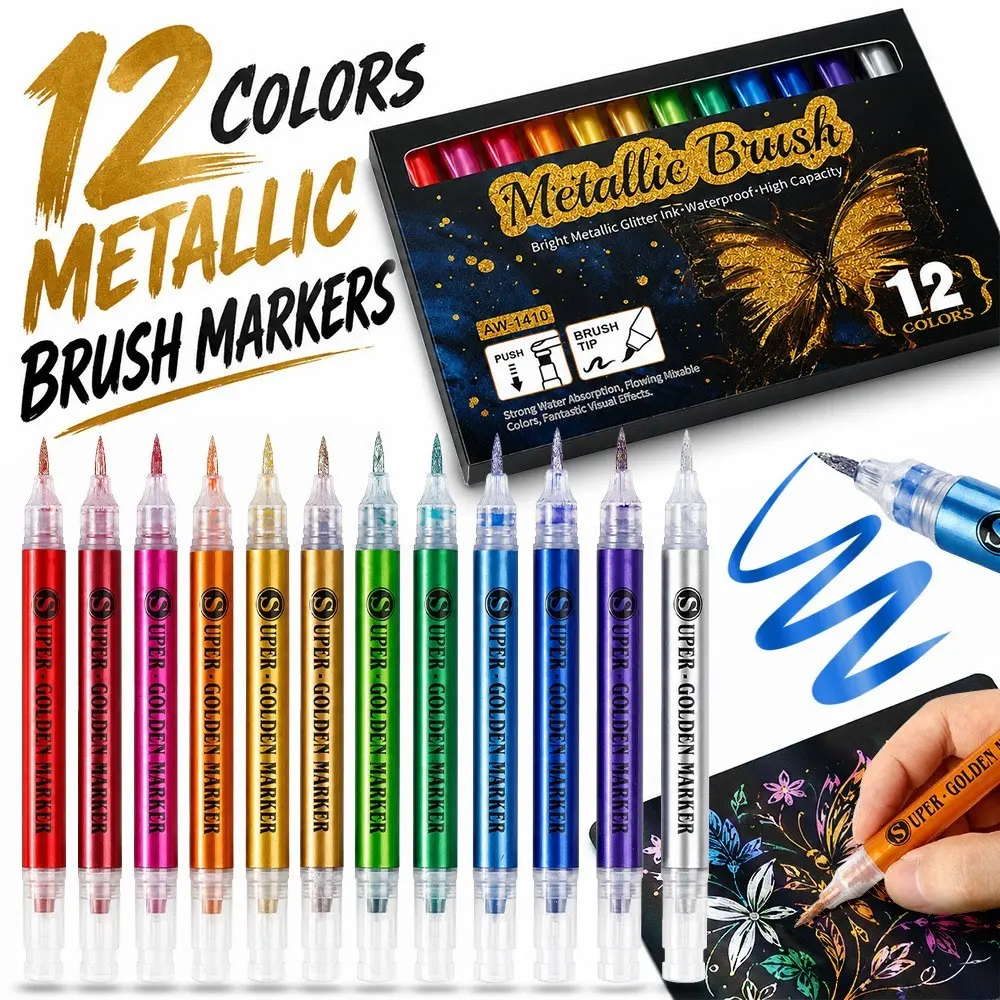 12-Pack Flashing Metal Acrylic Paint Markers, Essential Art Supplies for School, Perfect for Classroom Use, Vibrant Coloring Tools