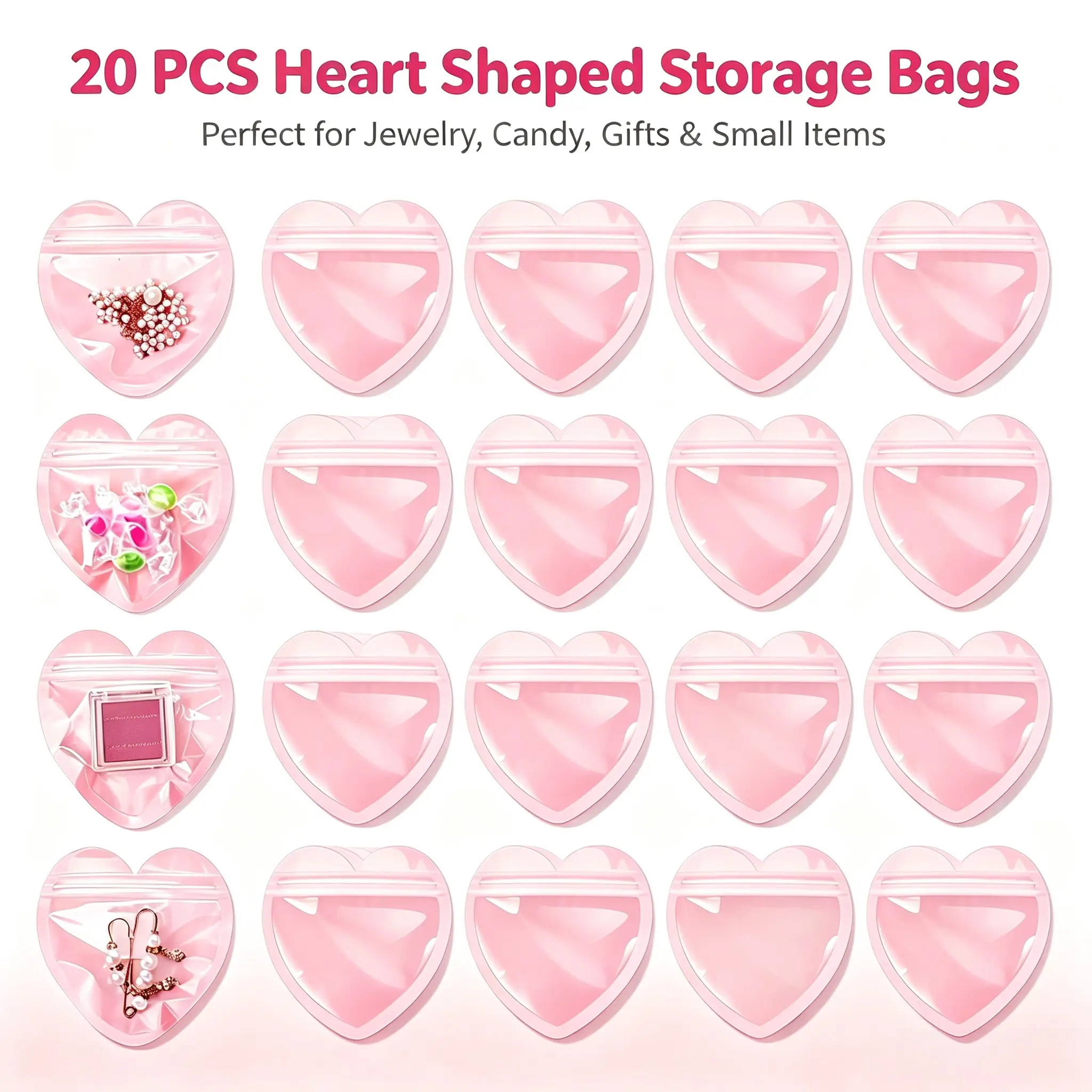 20pcs/100pcs Heart-Shaped Packaging Bags, Valentine's Day Jewelry Bags, Transparent Reusable Sealing Bags, Individually Wrapped Cute Treat Bags, Plastic Gift Bags, Creative Gift Packaging, Gift Wrapping Supplies