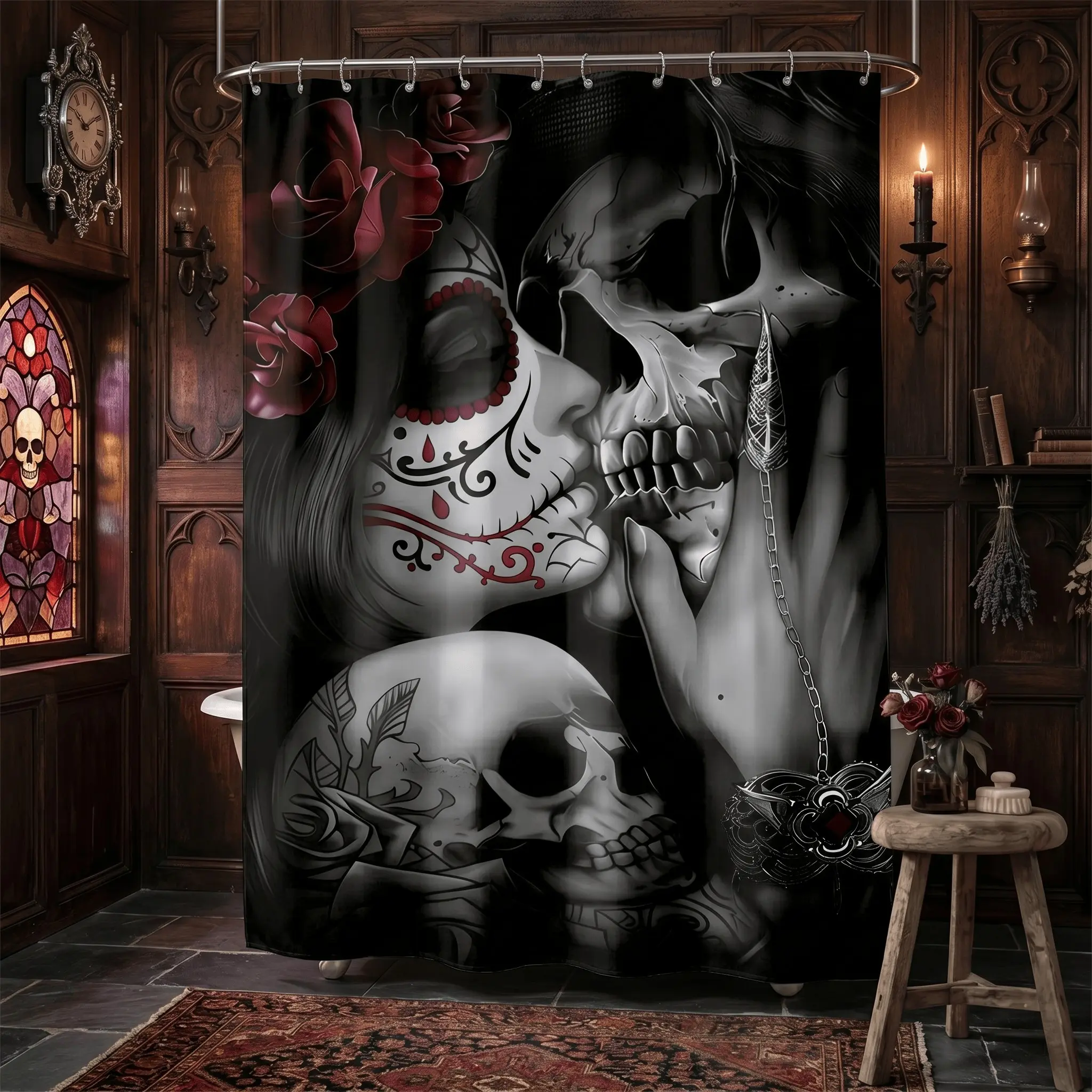 Dark Skeleton Lovers Bathroom Decorative Shower Curtain, Sugar Skull Girl with Rose Hair, Halloween Bath Decor, Gothic Art Fabric Screen Panel for Trendy Apartment and Restroom Sanctuary