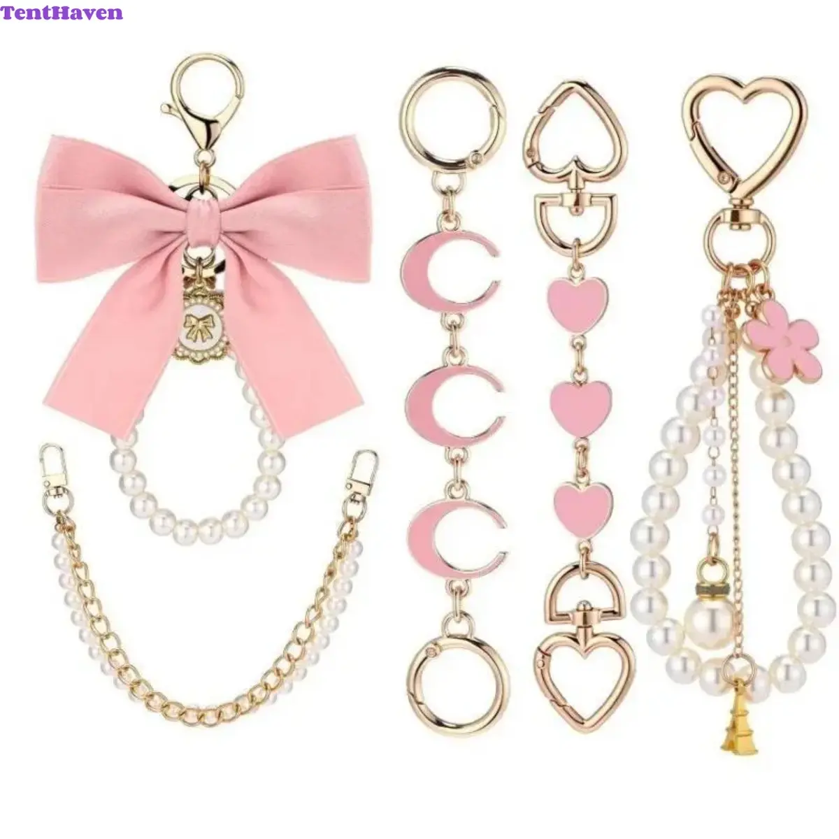 5-Piece Bag Charm & Extender Chain Set with Secure Clasp, Elegant Gold Pearl Accents & Bow Design for Handbags, Tote Bags & Wallets (Sports & Outdoor Protective Gear Accessory), Chain Design, Purse, Accessories For Women, Lengthen Strap, Metal Chain