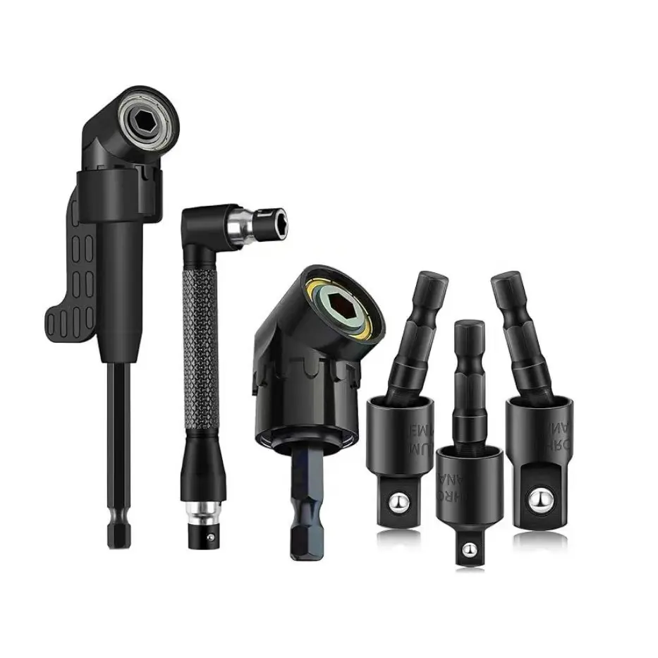 6-Piece Right Angle Drill Bit Adapter Set, Includes 360° Rotatable 1/4, 3/8, 1/2 Inch Impact Sockets, 105° Hex Handle Adapters, 90° Offset Drill Bit