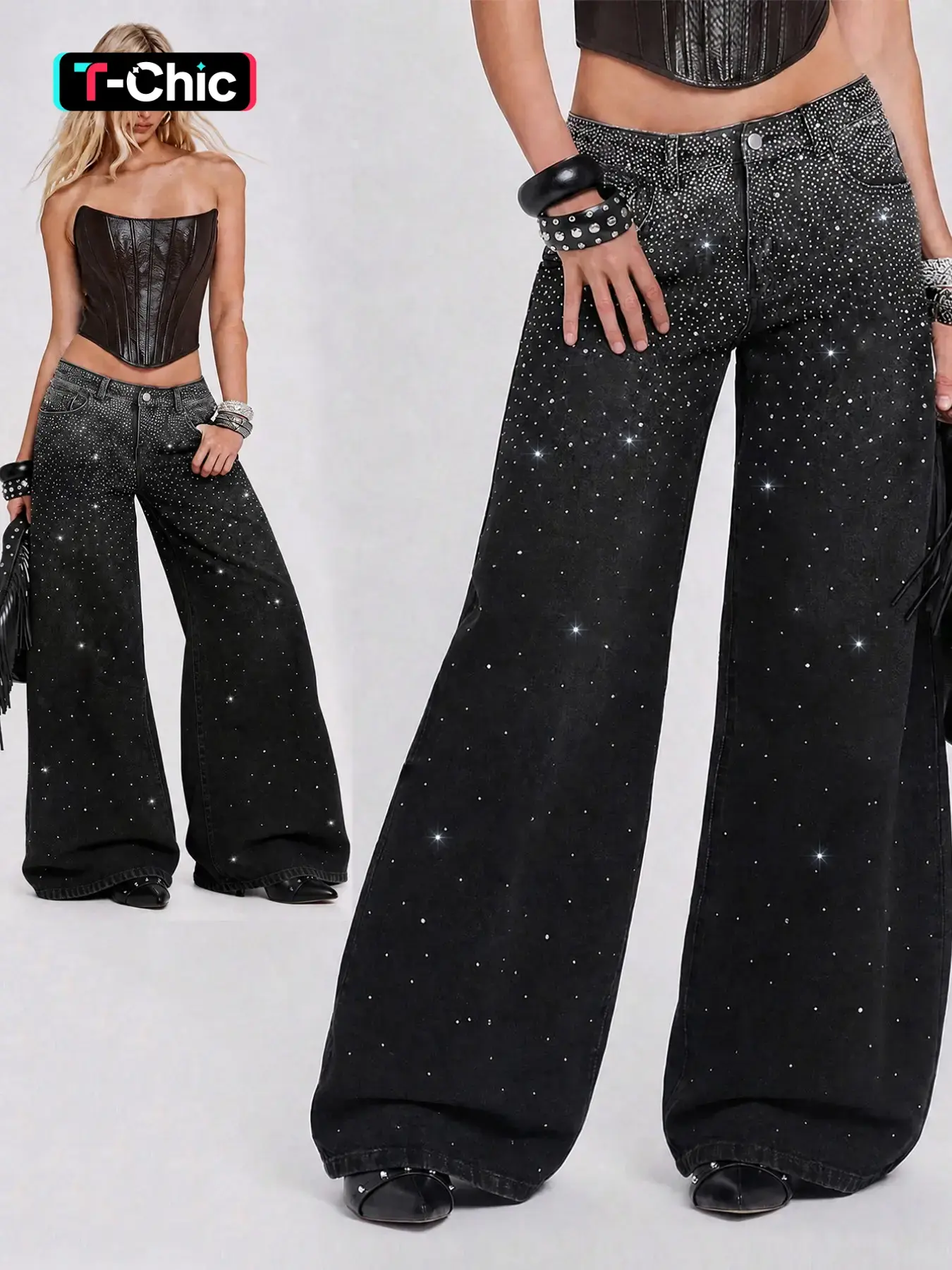 Women's High-Waisted Wide-Leg Jeans, Washed Denim with Rhinestones, Casual Fashion Long Pants, All-Season Wear, Womenswear