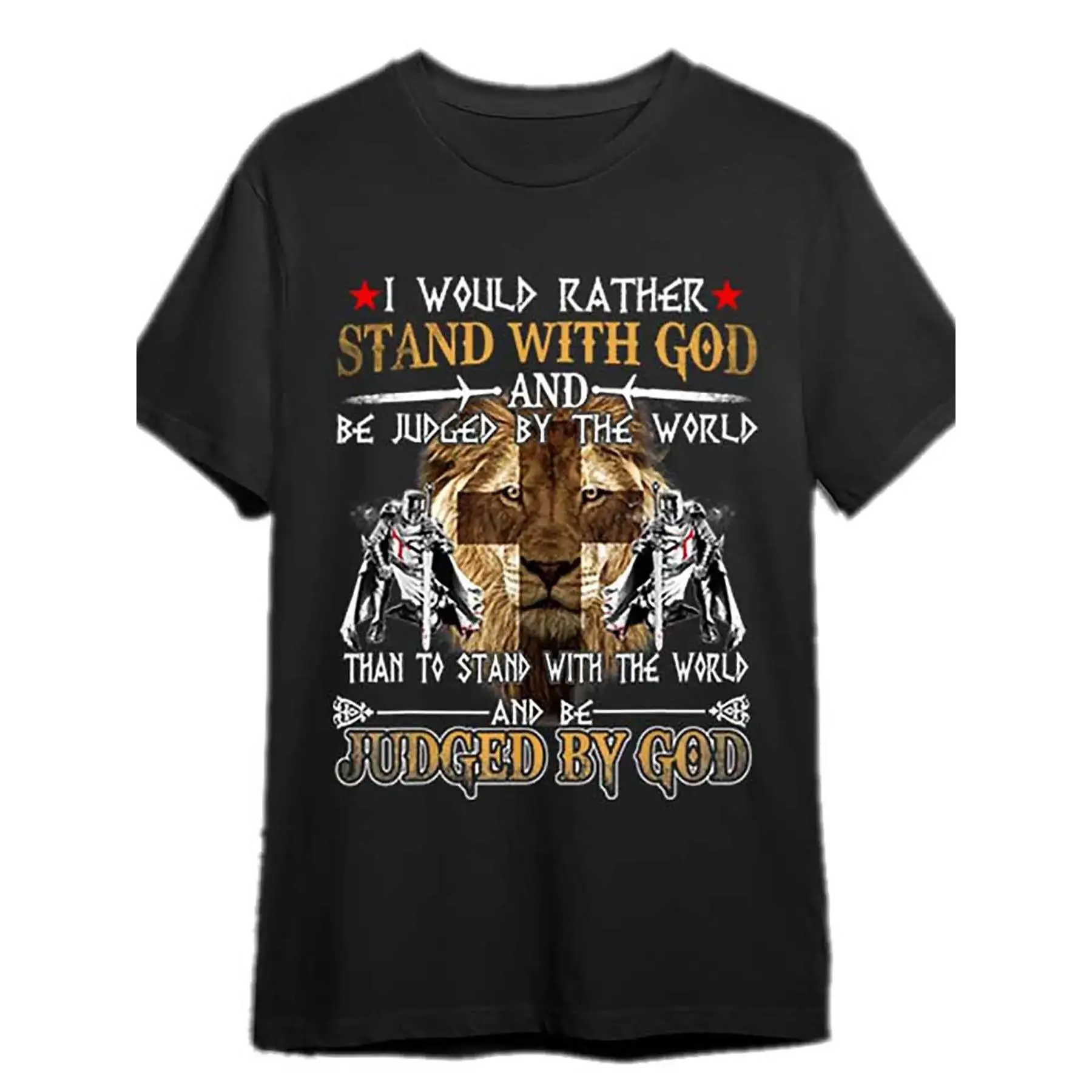 Men's "I'd Rather Be Judged By God" Knight Templar Christian Graphic T-Shirt - Lion & Cross Design, Bold Statement Tee, Short Sleeve Casual Round Neck, Machine Washable Black Shirt for Men