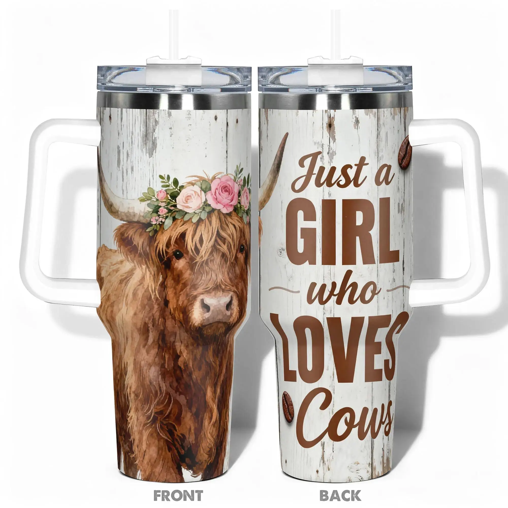 1pc 40oz Portable Stainless Steel Insulated Water Bottle with Lid, Double-Layer Leakproof Large Capacity Travel Drinkware, Funny Highland Cow with Floral Crown Design, Ideal Birthday Gift for Dads (Gym, Hiking Use)