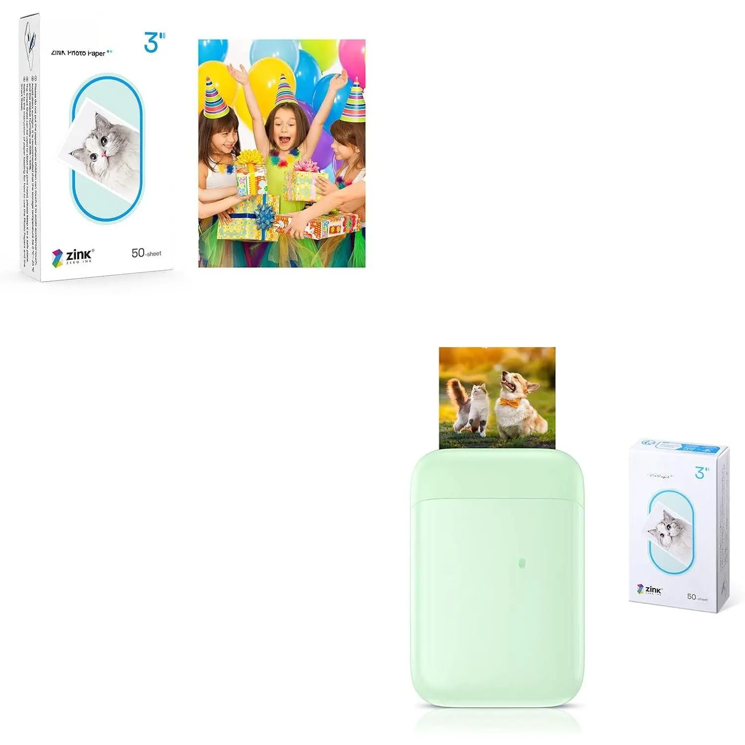 Green Mini Portable Photo Printer Bundle, 2x3" Output, Sliding Cover, 100 Zink Adhesive Paper, 5.0 Version, iOS & Android Compatible Smartphone Printing Device