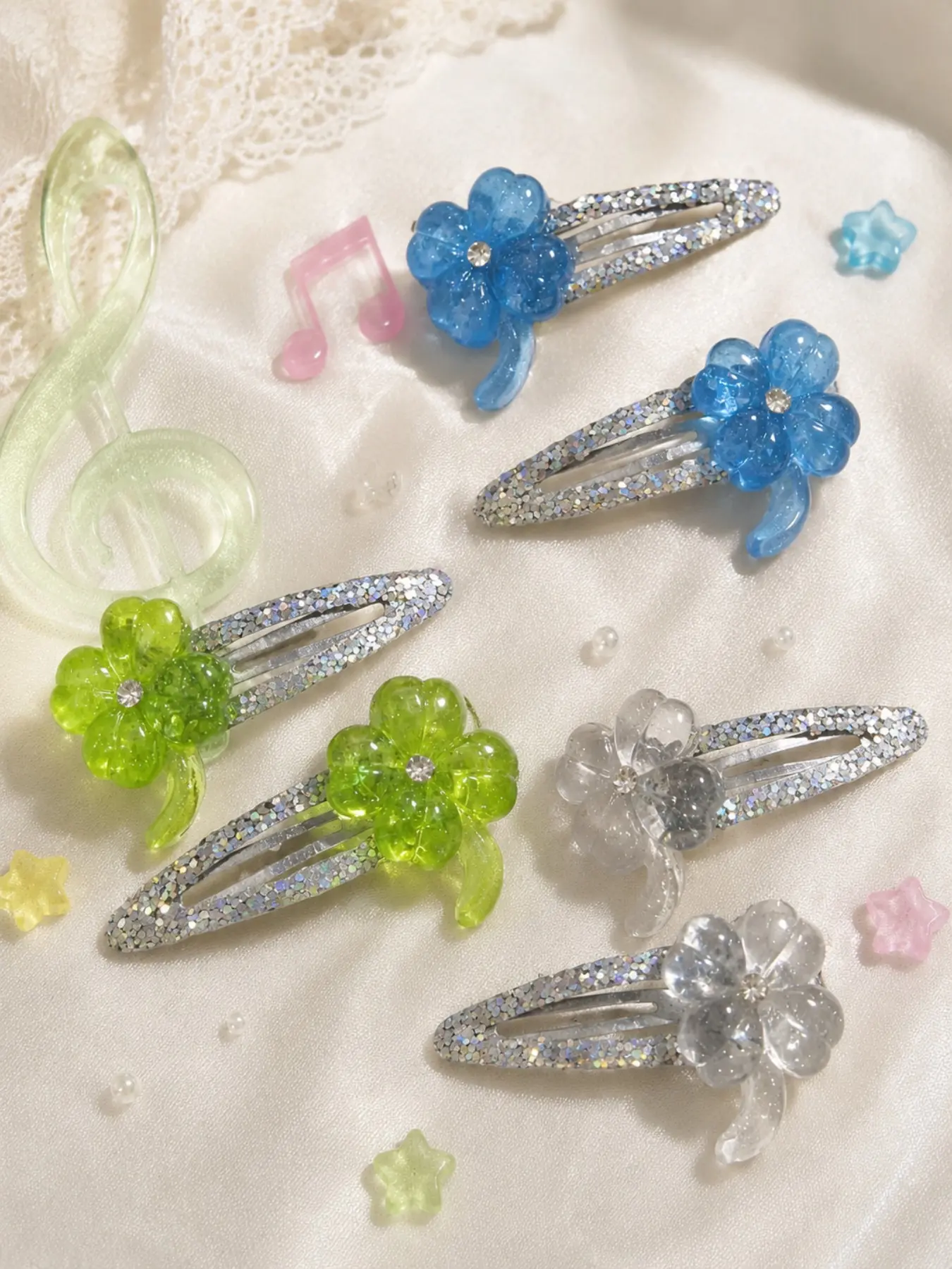 6pcs Glitter Clover Flower Hair Clips, Candy Color Sequin Side Clips, Sweet Girl Bangs Clips, Fashionable Floral Hair Accessories