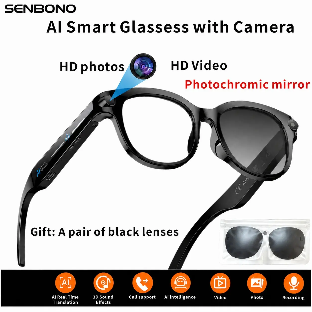 SENBONO Multifunctional Smart Glasses with Ai Assistant, HD Recording, Bluetooth-compatible Music Calling, Dual Mic Noise Reduction, LED Flashlight, 8mp Camera