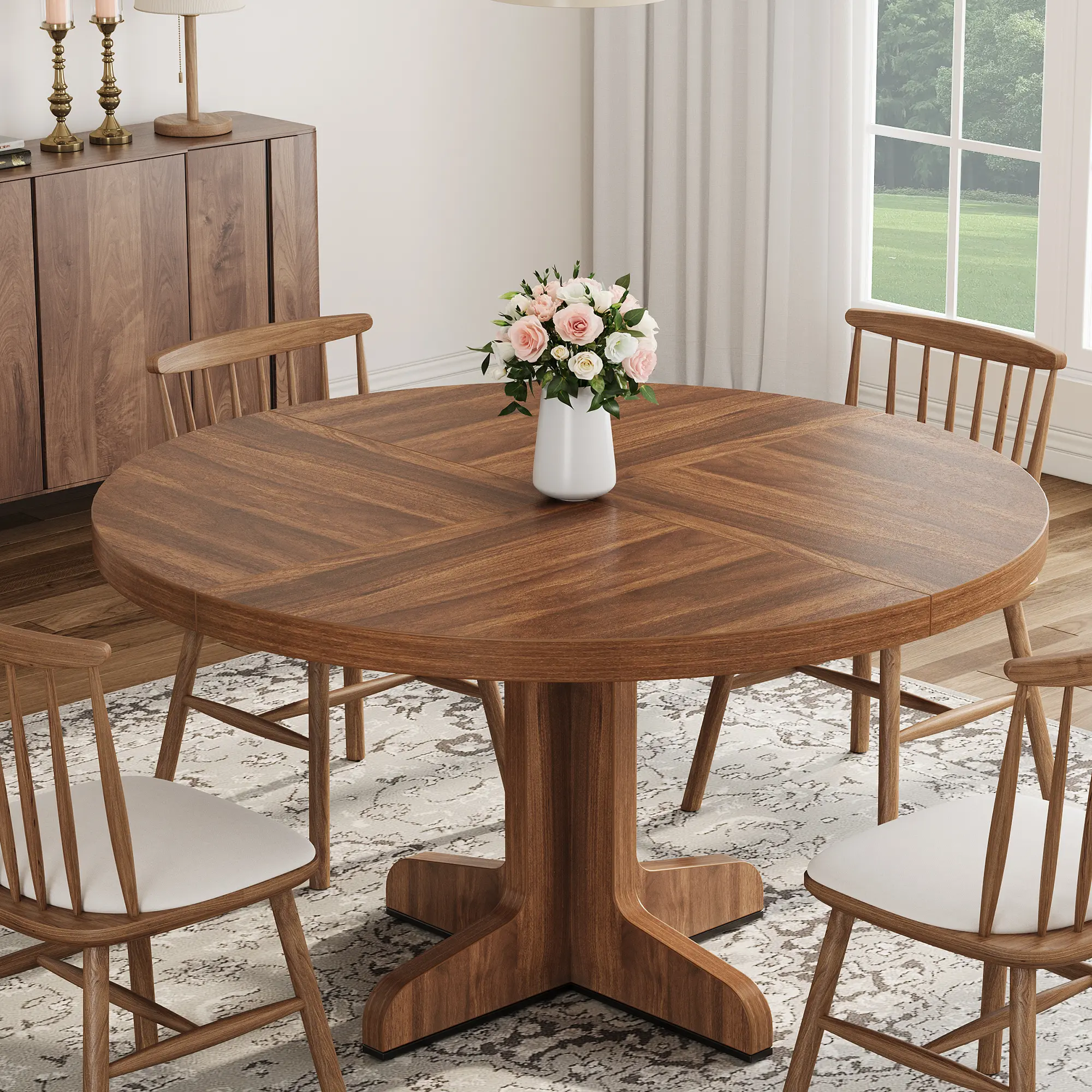 47" Round Dining Table for 4, Farmhouse Wood Kitchen & Dining Room Table with Curved Legs, Modern Circle Pedestal Dining Table for Apartment, Breakfast Nook & Small Spaces, Table Only