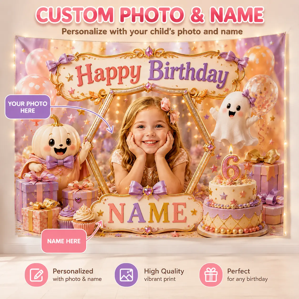 Custom 6th Birthday Backdrop With Photo and Name, Pastel Pink Purple Decor