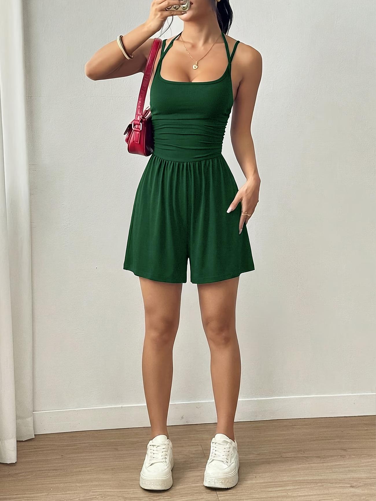 Women Halter Neck Romper Ruched Waist Summer Jumpsuit Sleeveless Backless Bodysuit Shorts Sporty Casual One Piece Outfits